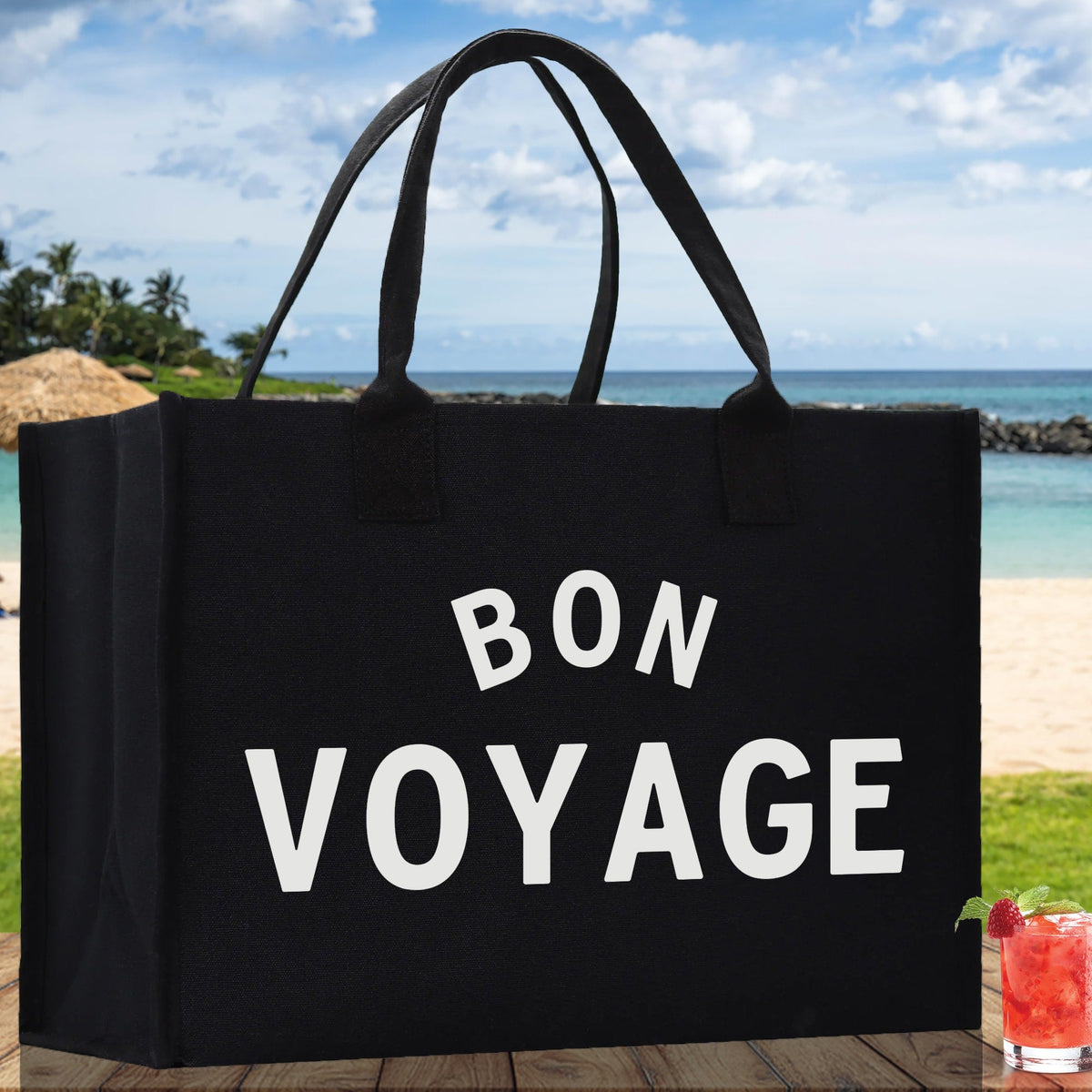 Bon Voyage Cotton Canvas Chic Beach Tote Bag Multipurpose Tote Weekender Tote Gift for Her Outdoor Tote Vacation Tote Large Beach Bag - Aaria Tees