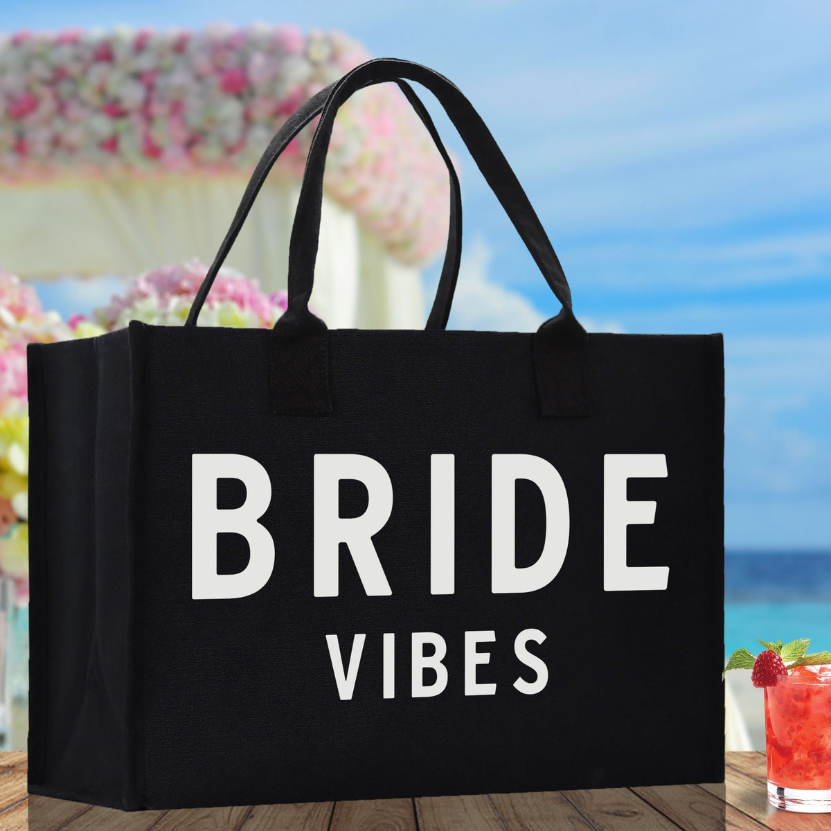 Bride Vibes Cotton Canvas Chic Beach Tote Bag Multipurpose Tote Weekender Tote Gift for Her Outdoor Tote Vacation Tote Large Beach Bag - Aaria Tees