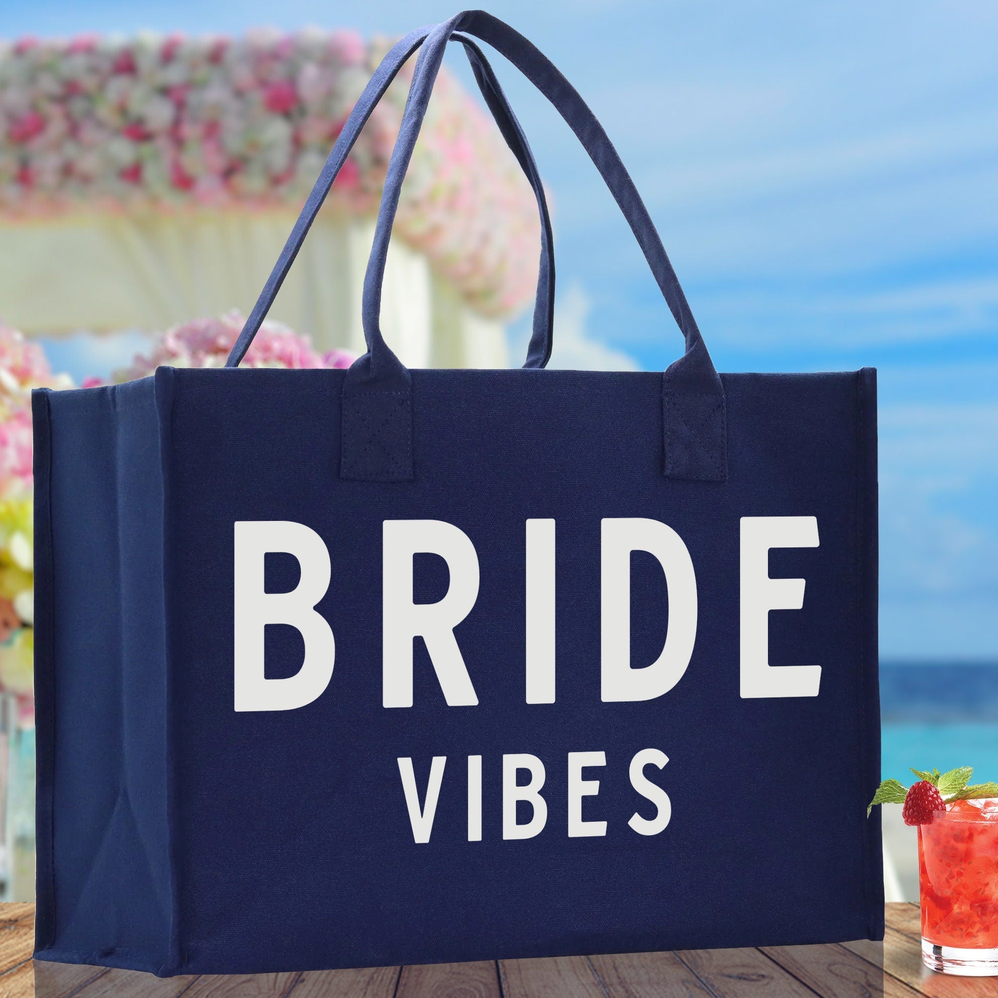 Bride Vibes Cotton Canvas Chic Beach Tote Bag Multipurpose Tote Weekender Tote Gift for Her Outdoor Tote Vacation Tote Large Beach Bag - Aaria Tees Aaria Tees