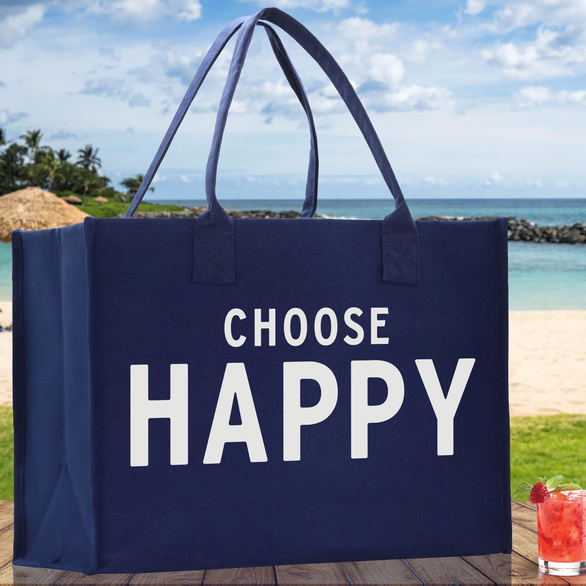 Choose Happy Cotton Canvas Chic Beach Tote Bag Multipurpose Tote Weekender Tote Gift for Her Outdoor Tote Vacation Tote Large Beach Bag - Aaria Tees Aaria Tees