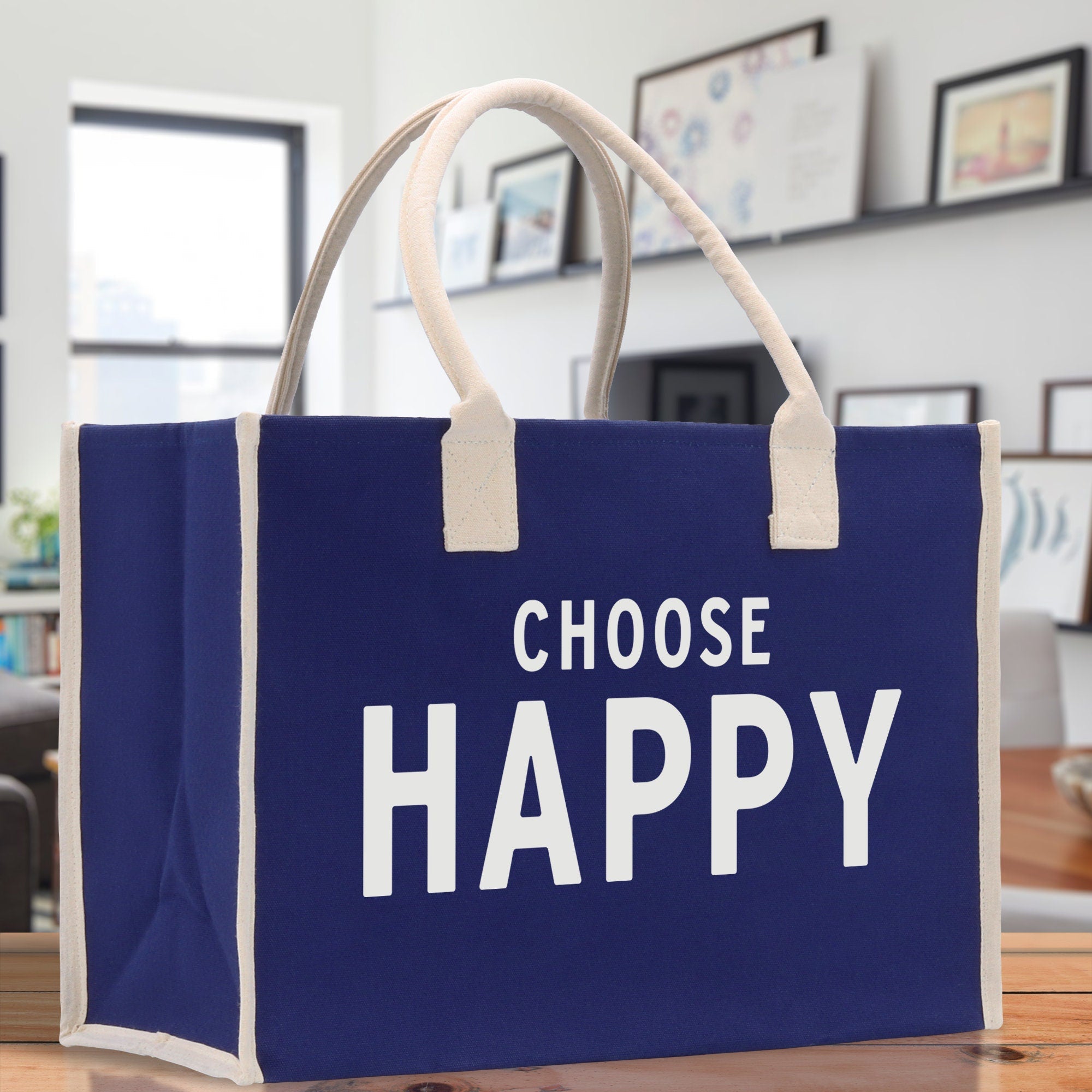 Choose Happy Cotton Canvas Chic Beach Tote Bag Multipurpose Tote Weekender Tote Gift for Her Outdoor Tote Vacation Tote Large Beach Bag - Aaria Tees Aaria Tees