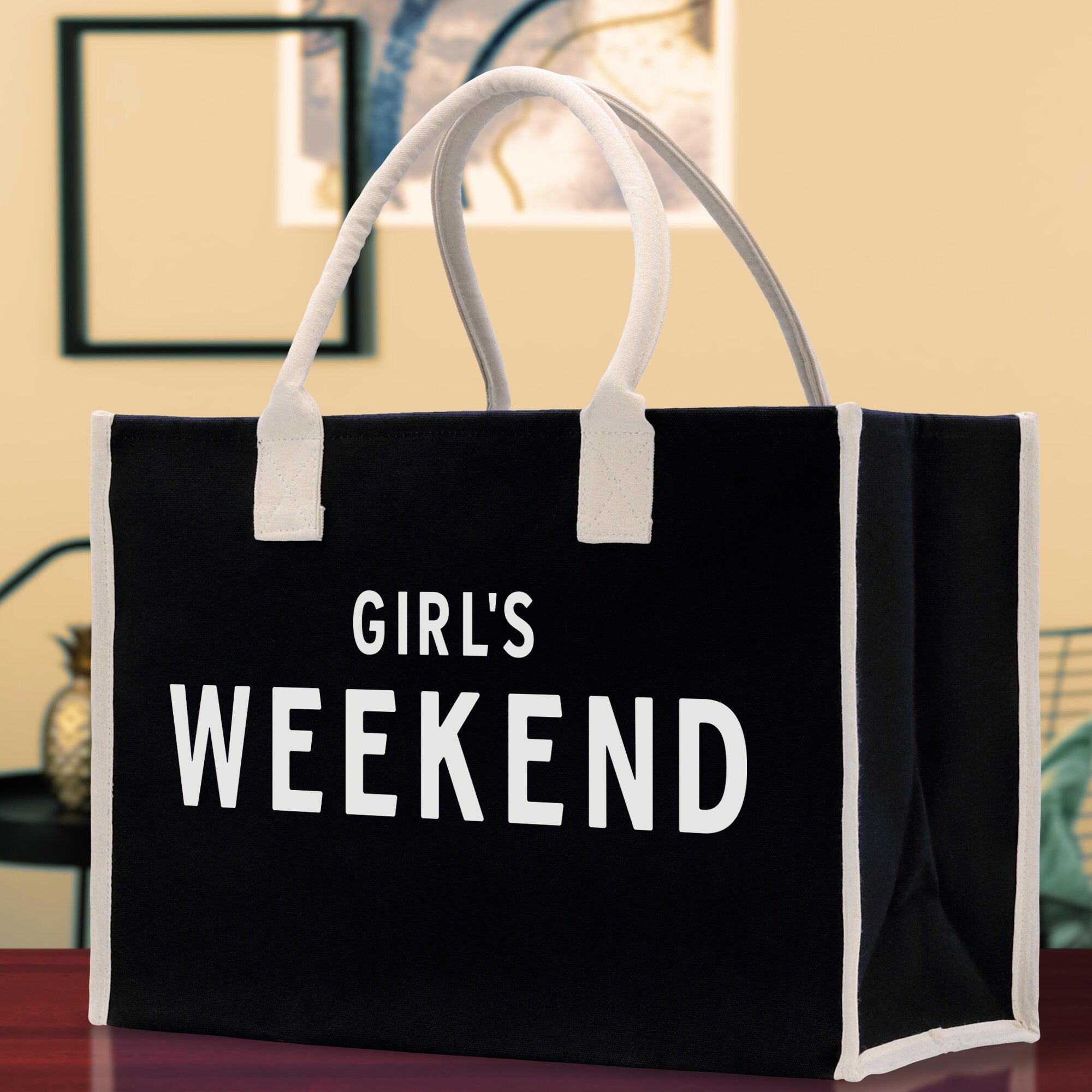 Girl's Weekend Cotton Canvas Chic Beach Tote Bag Multipurpose Tote Weekender Tote Gift for Her Outdoor Tote Vacation Tote Large Beach Bag - Aaria Tees Aaria Tees