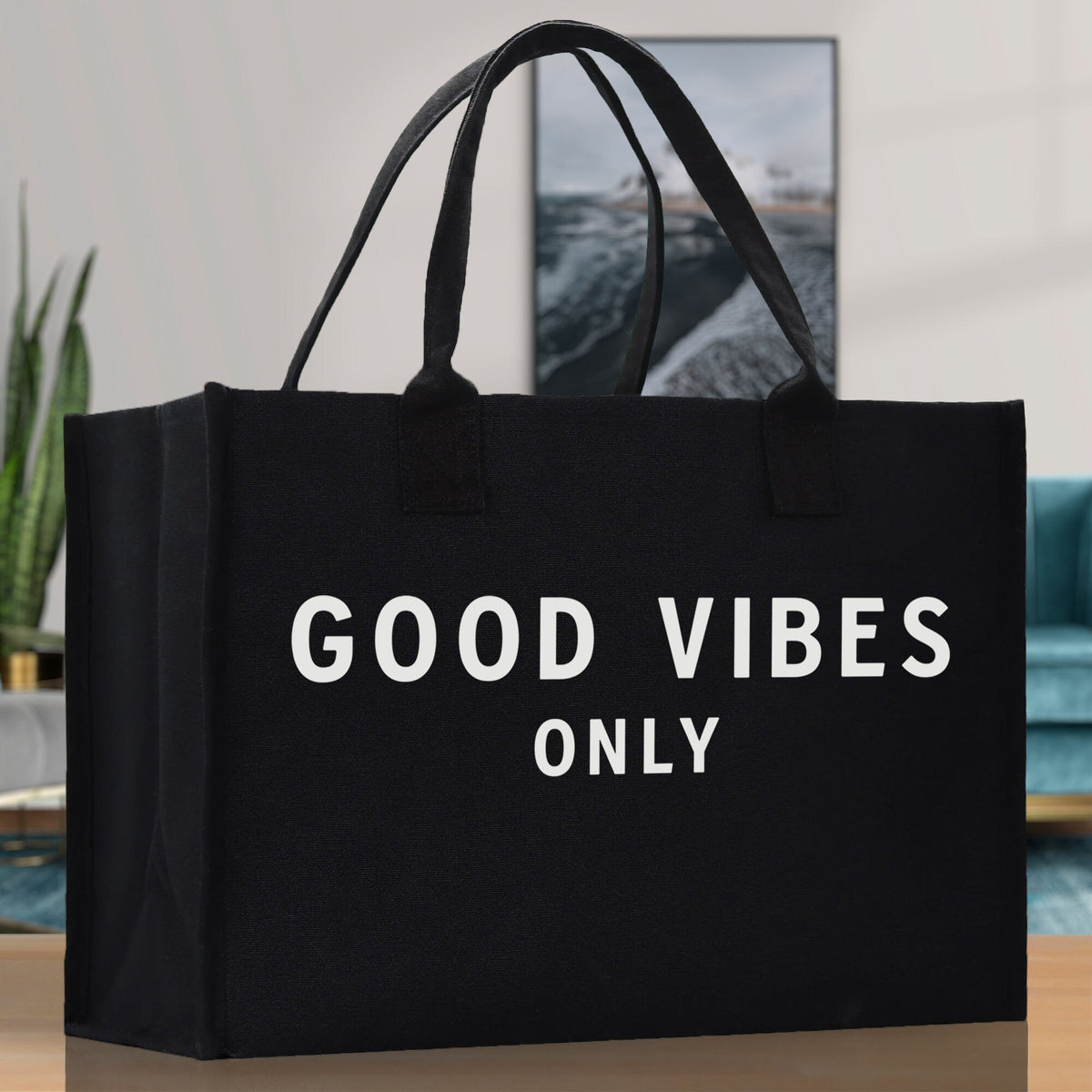 Good Vibes Only Cotton Canvas Chic Beach Tote Bag Multipurpose Tote Weekender Tote Gift for Her Outdoor Tote Vacation Tote Large Beach Bag - Aaria Tees