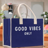Good Vibes Only Cotton Canvas Chic Beach Tote Bag Multipurpose Tote Weekender Tote Gift for Her Outdoor Tote Vacation Tote Large Beach Bag - Aaria Tees Aaria Tees
