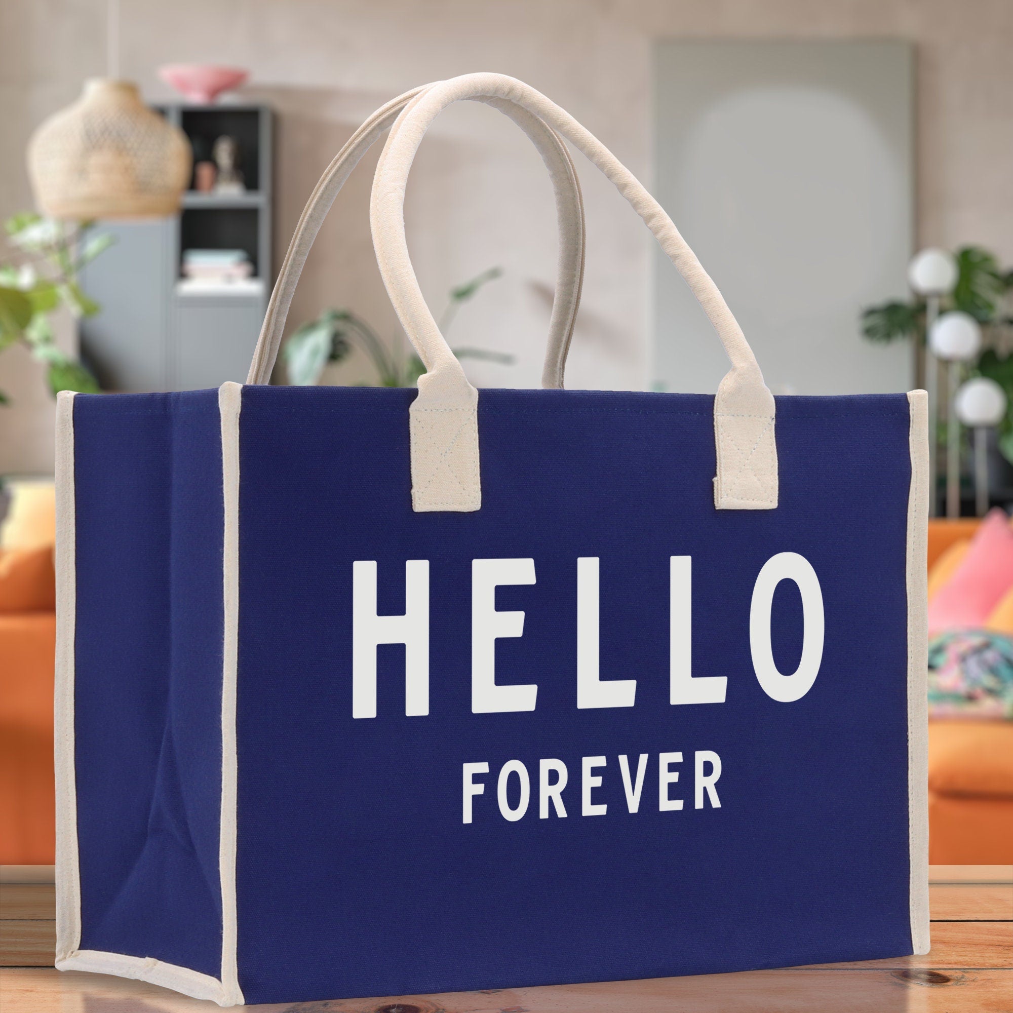 Hello Forever Cotton Canvas Chic Beach Tote Bag Multipurpose Tote Weekender Tote Gift for Her Outdoor Tote Vacation Tote Large Beach Bag - Aaria Tees Aaria Tees