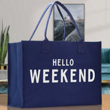 Hello Weekend Cotton Canvas Chic Beach Tote Bag Multipurpose Tote Weekender Tote Gift for Her Outdoor Tote Vacation Tote Large Beach Bag - Aaria Tees Aaria Tees