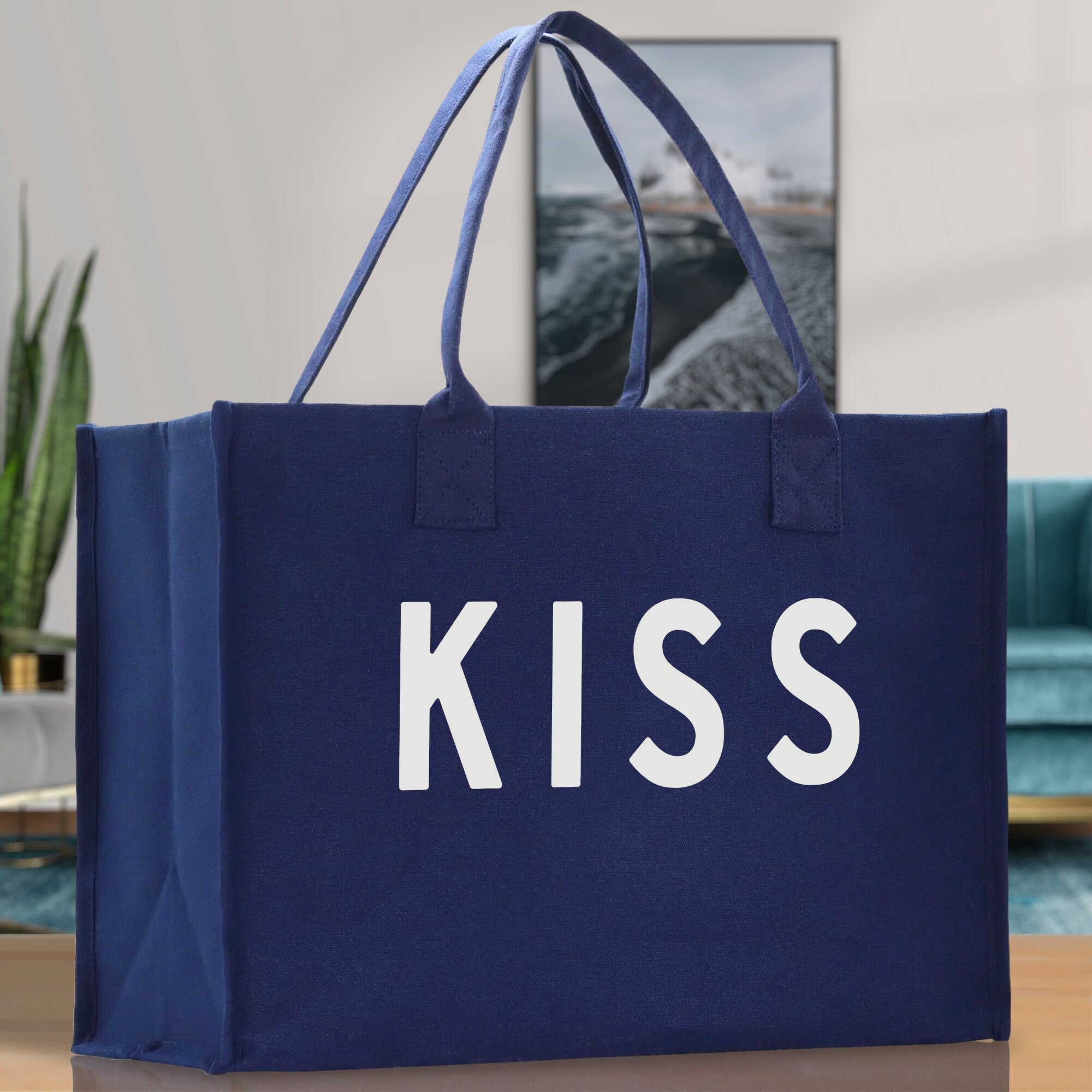 Kiss Cotton Canvas Chic Beach Tote Bag Multipurpose Tote Weekender Tote Gift for Her Outdoor Tote Vacation Tote Large Beach Bag - Aaria Tees Aaria Tees