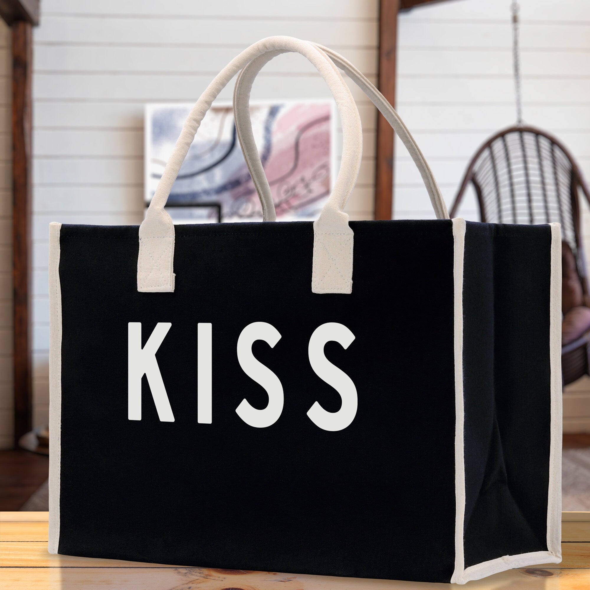 Kiss Cotton Canvas Chic Beach Tote Bag Multipurpose Tote Weekender Tote Gift for Her Outdoor Tote Vacation Tote Large Beach Bag - Aaria Tees Aaria Tees