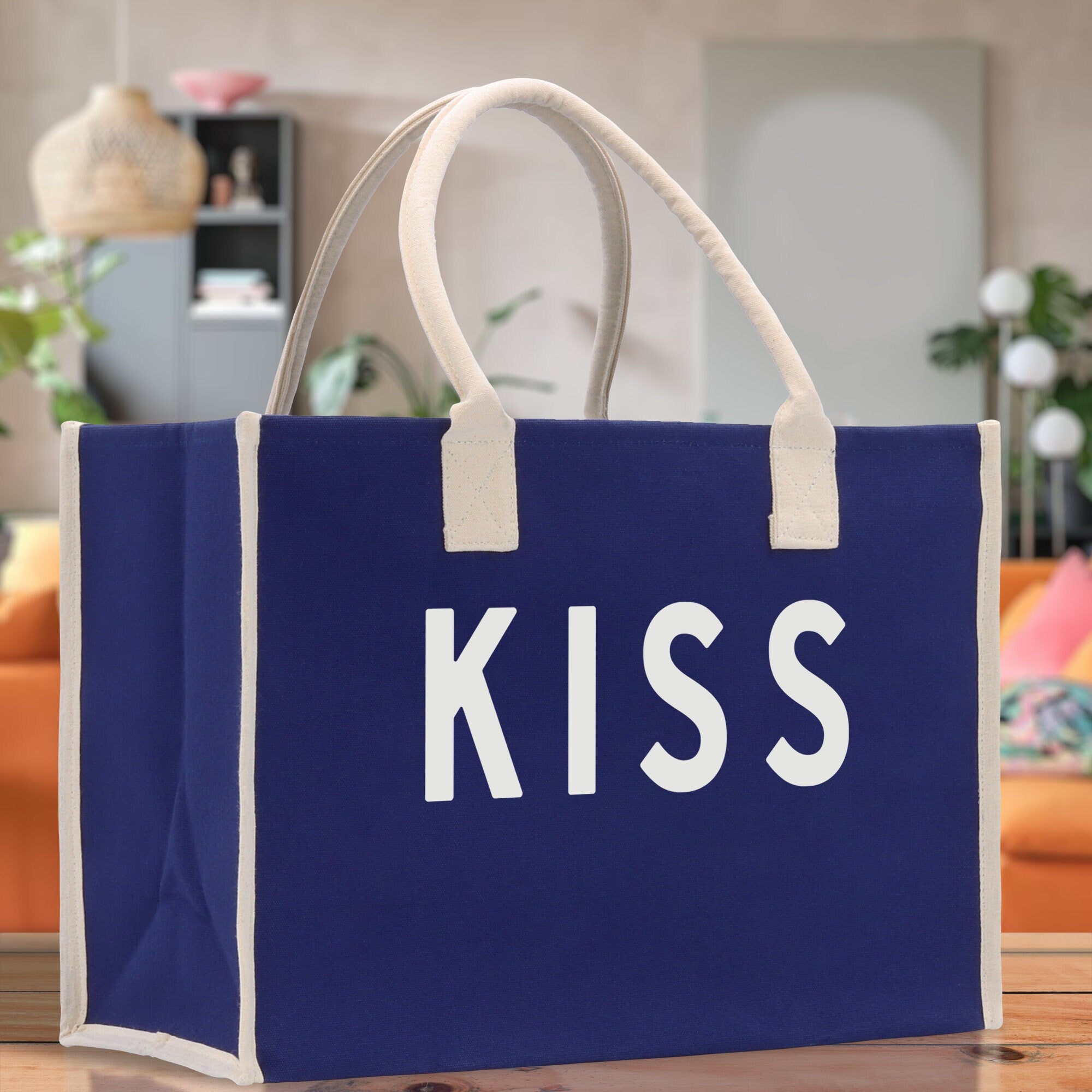 Kiss Cotton Canvas Chic Beach Tote Bag Multipurpose Tote Weekender Tote Gift for Her Outdoor Tote Vacation Tote Large Beach Bag - Aaria Tees Aaria Tees