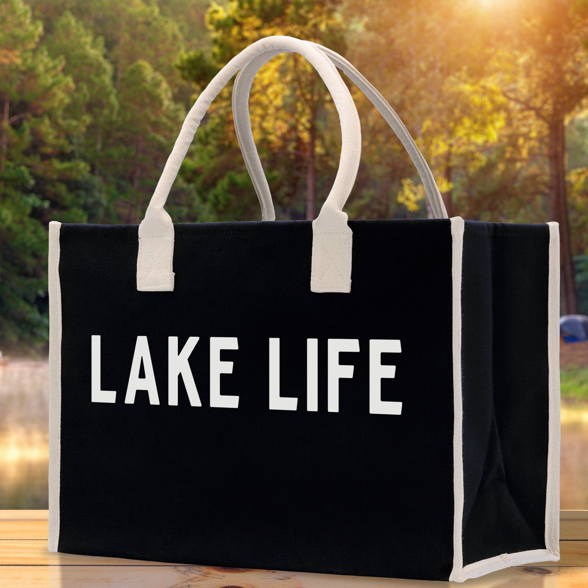 Lake Life Cotton Canvas Chic Beach Tote Bag Multipurpose Tote Weekender Tote Gift for Her Outdoor Tote Vacation Tote Large Beach Bag - Aaria Tees Aaria Tees