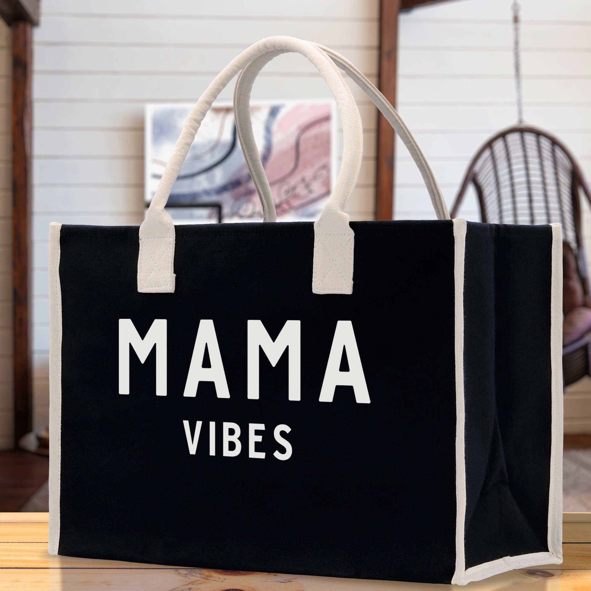Mama Vibes Cotton Canvas Chic Beach Tote Bag Multipurpose Tote Weekender Tote Gift for Her Outdoor Tote Vacation Tote Large Beach Bag - Aaria Tees Aaria Tees