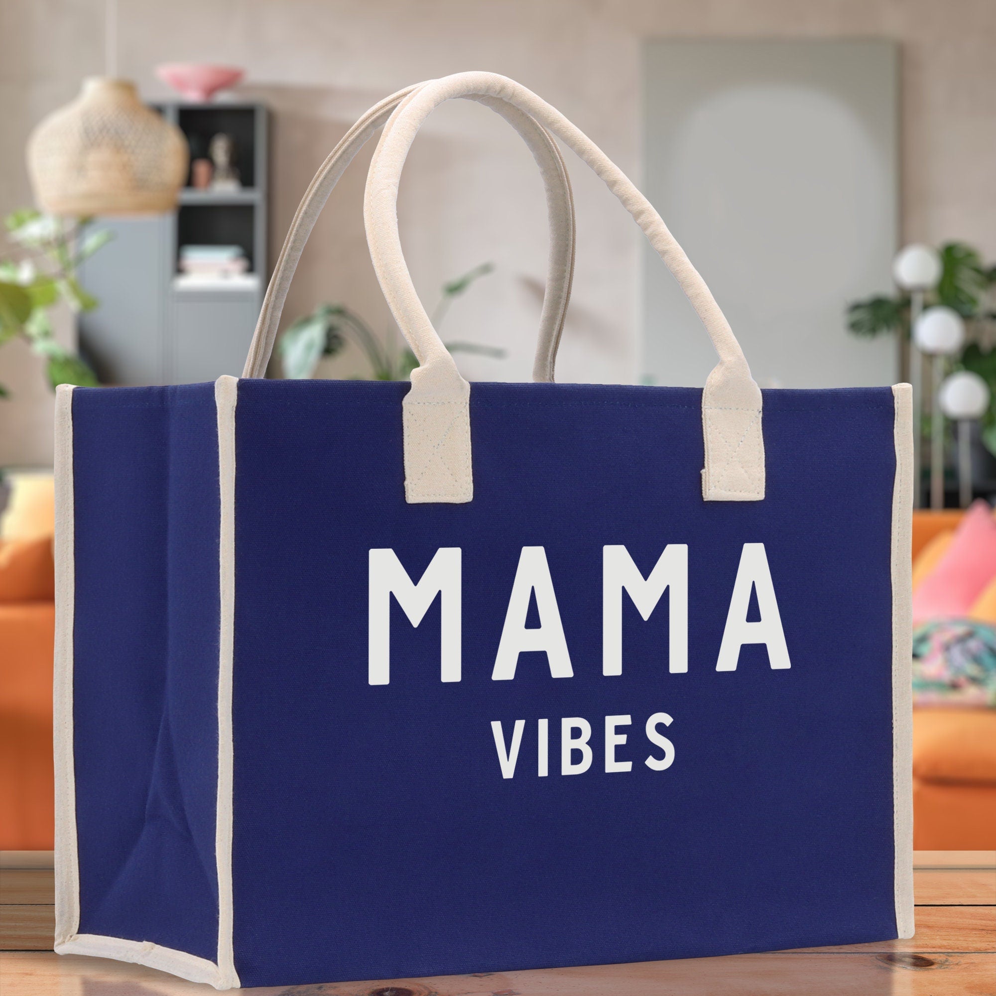 Mama Vibes Cotton Canvas Chic Beach Tote Bag Multipurpose Tote Weekender Tote Gift for Her Outdoor Tote Vacation Tote Large Beach Bag - Aaria Tees Aaria Tees