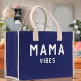 Mama Vibes Cotton Canvas Chic Beach Tote Bag Multipurpose Tote Weekender Tote Gift for Her Outdoor Tote Vacation Tote Large Beach Bag - Aaria Tees Aaria Tees