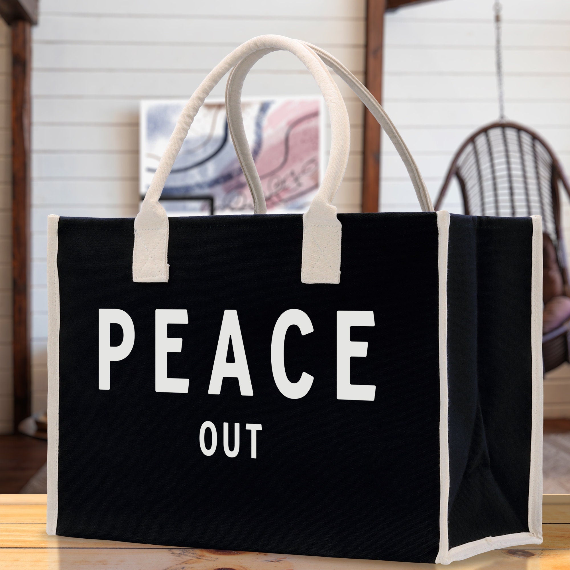 Peace Out Cotton Canvas Chic Beach Tote Bag Multipurpose Tote Weekender Tote Gift for Her Outdoor Tote Vacation Tote Large Beach Bag - Aaria Tees Aaria Tees