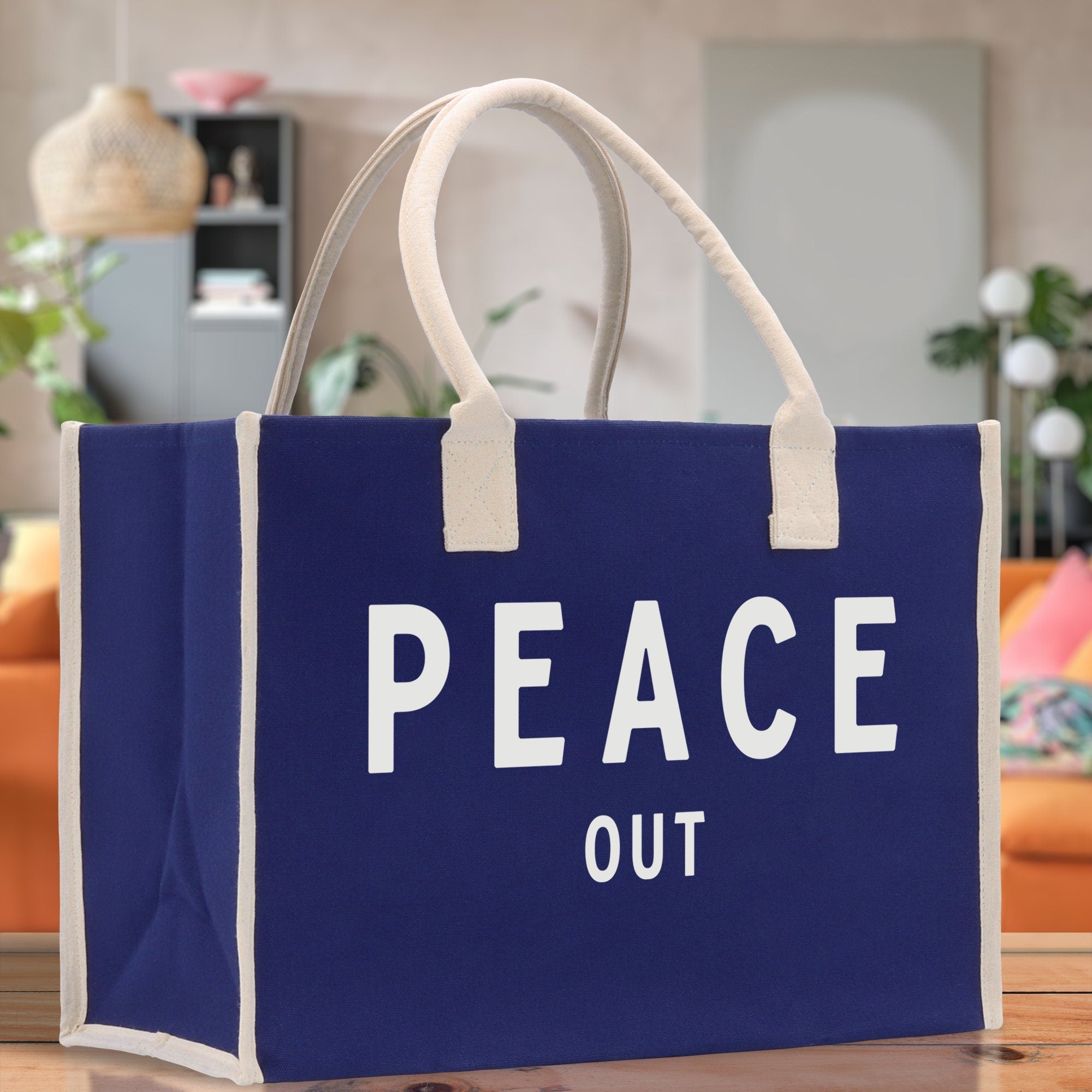 Peace Out Cotton Canvas Chic Beach Tote Bag Multipurpose Tote Weekender Tote Gift for Her Outdoor Tote Vacation Tote Large Beach Bag - Aaria Tees Aaria Tees