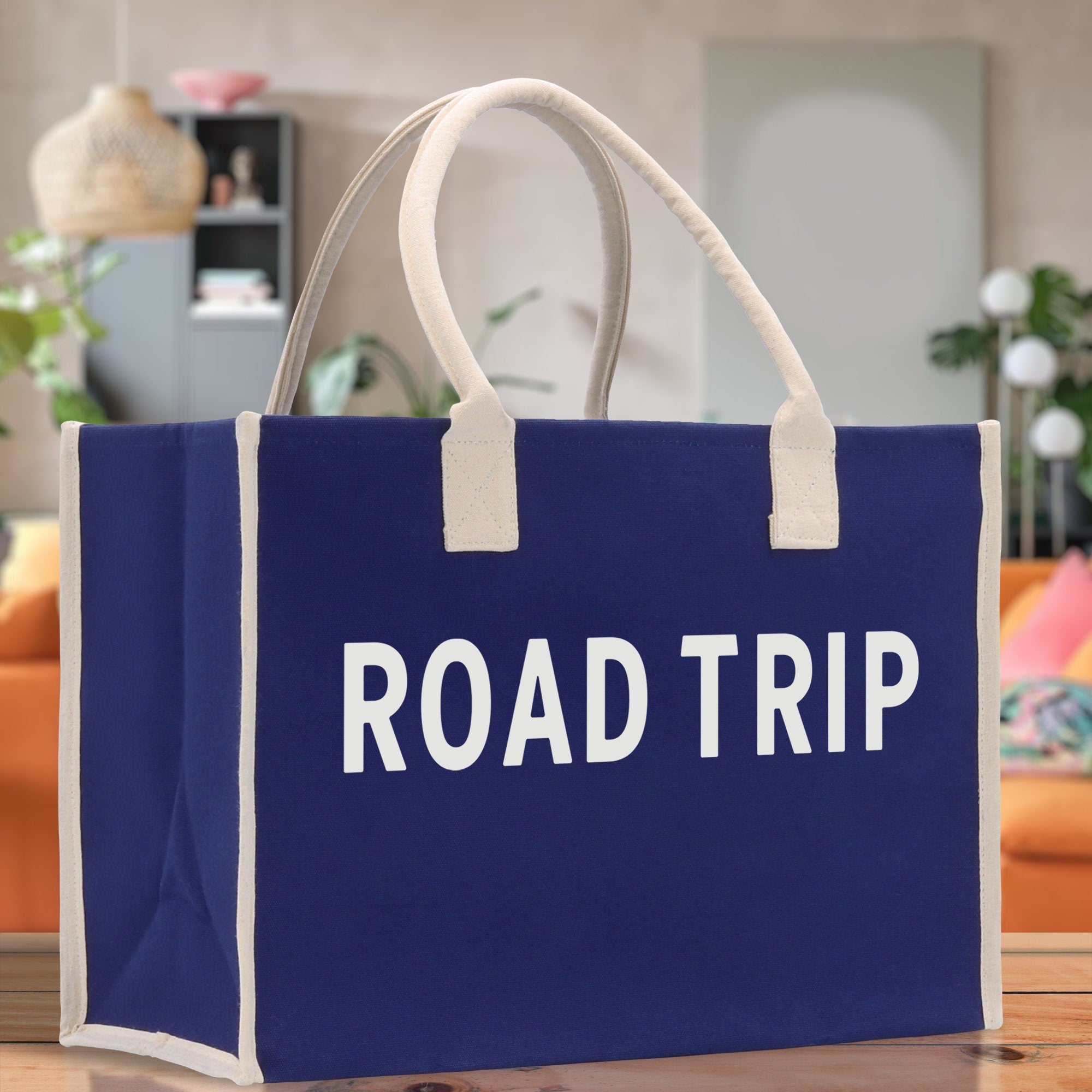Road Trip Cotton Canvas Chic Beach Tote Bag Multipurpose Tote Weekender Tote Gift for Her Outdoor Tote Vacation Tote Large Beach Bag - Aaria Tees Aaria Tees