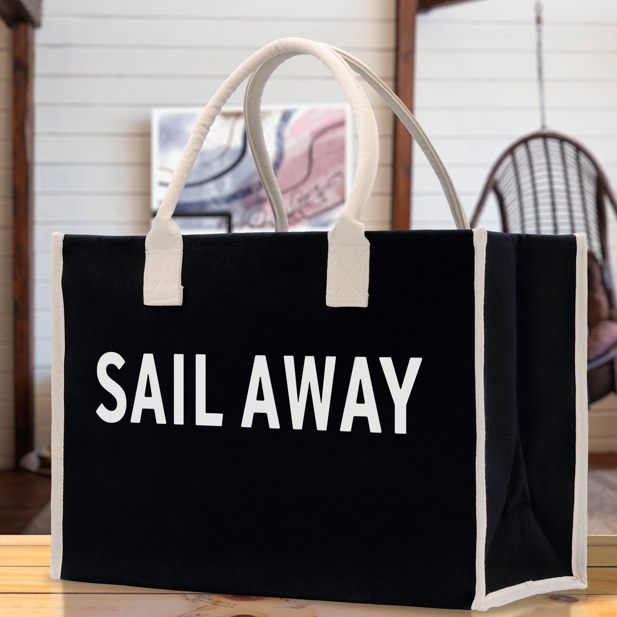 Sail Away Cotton Canvas Chic Beach Tote Bag Multipurpose Tote Weekender Tote Gift for Her Outdoor Tote Vacation Tote Large Beach Bag - Aaria Tees Aaria Tees