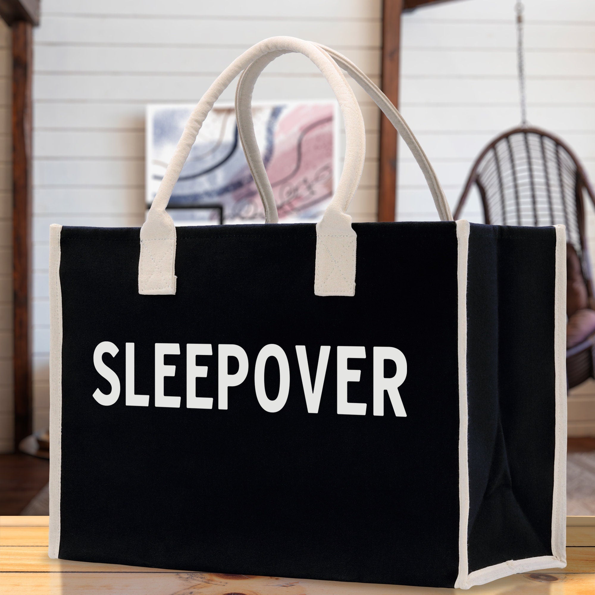 Sleepover Cotton Canvas Chic Beach Tote Bag Multipurpose Tote Weekender Tote Gift for Her Outdoor Tote Vacation Tote Large Beach Bag - Aaria Tees Aaria Tees