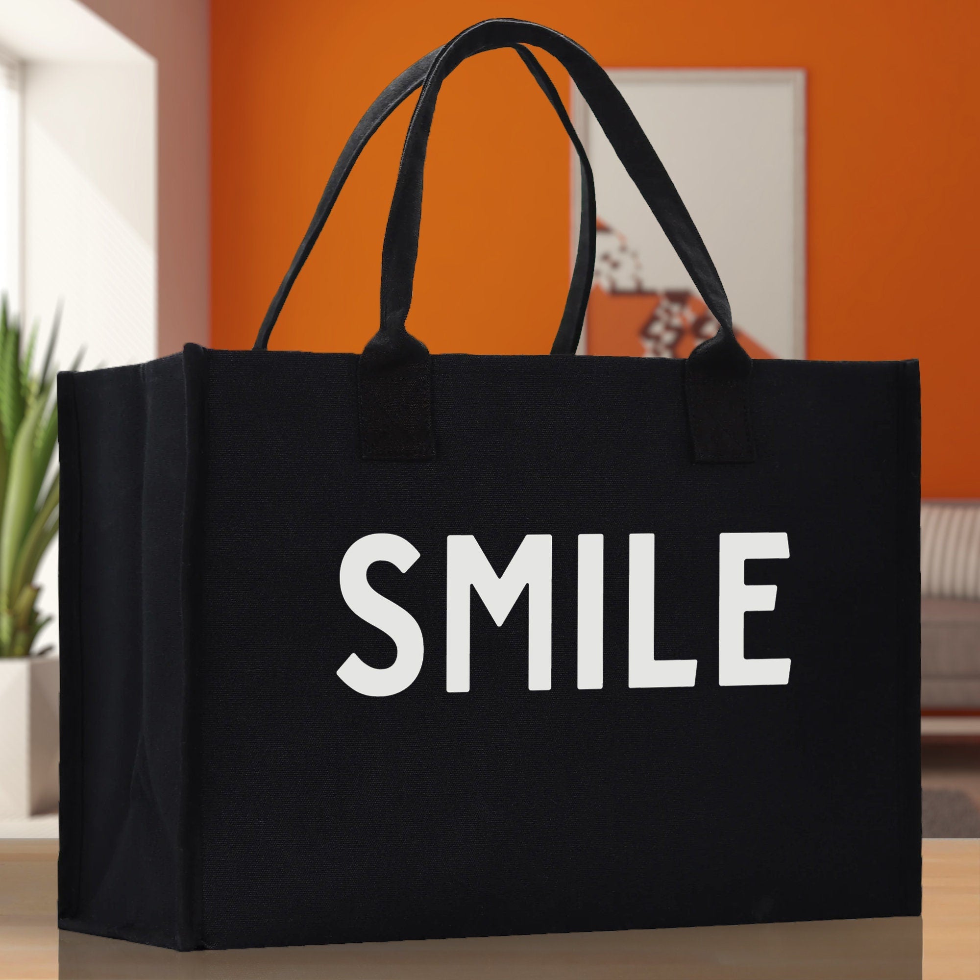 Smile Cotton Canvas Chic Beach Tote Bag Multipurpose Tote Weekender Tote Gift for Her Outdoor Tote Vacation Tote Large Beach Bag - Aaria Tees Aaria Tees