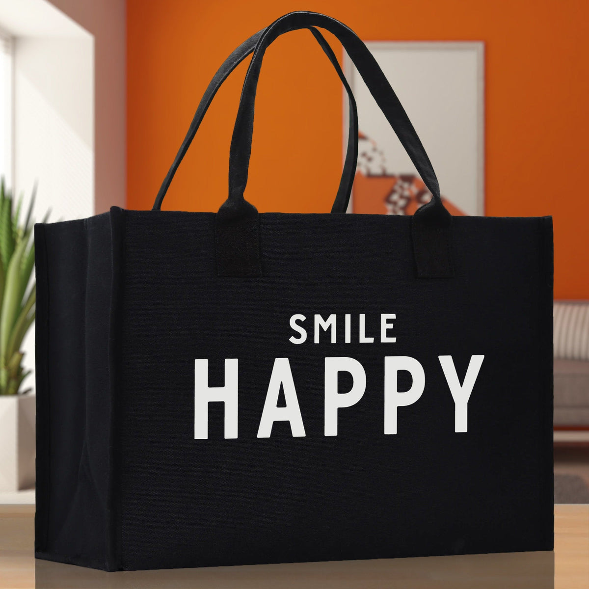 Smile Happy Cotton Canvas Chic Beach Tote Bag Multipurpose Tote Weekender Tote Gift for Her Outdoor Tote Vacation Tote Large Beach Bag - Aaria Tees