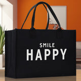 Smile Happy Cotton Canvas Chic Beach Tote Bag Multipurpose Tote Weekender Tote Gift for Her Outdoor Tote Vacation Tote Large Beach Bag - Aaria Tees Aaria Tees