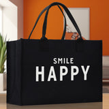 Smile Happy Cotton Canvas Chic Beach Tote Bag Multipurpose Tote Weekender Tote Gift for Her Outdoor Tote Vacation Tote Large Beach Bag - Aaria Tees Aaria Tees