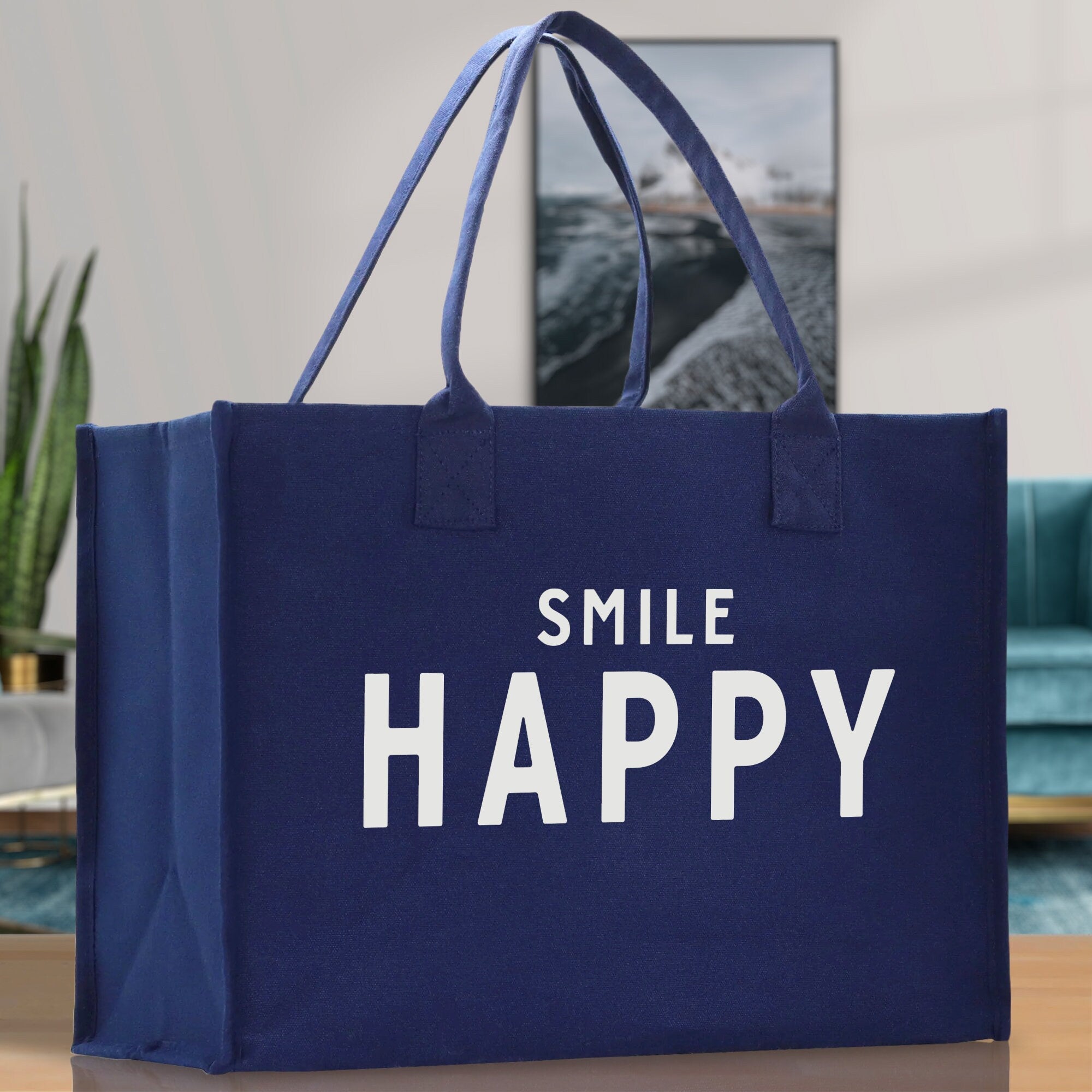 Smile Happy Cotton Canvas Chic Beach Tote Bag Multipurpose Tote Weekender Tote Gift for Her Outdoor Tote Vacation Tote Large Beach Bag - Aaria Tees Aaria Tees