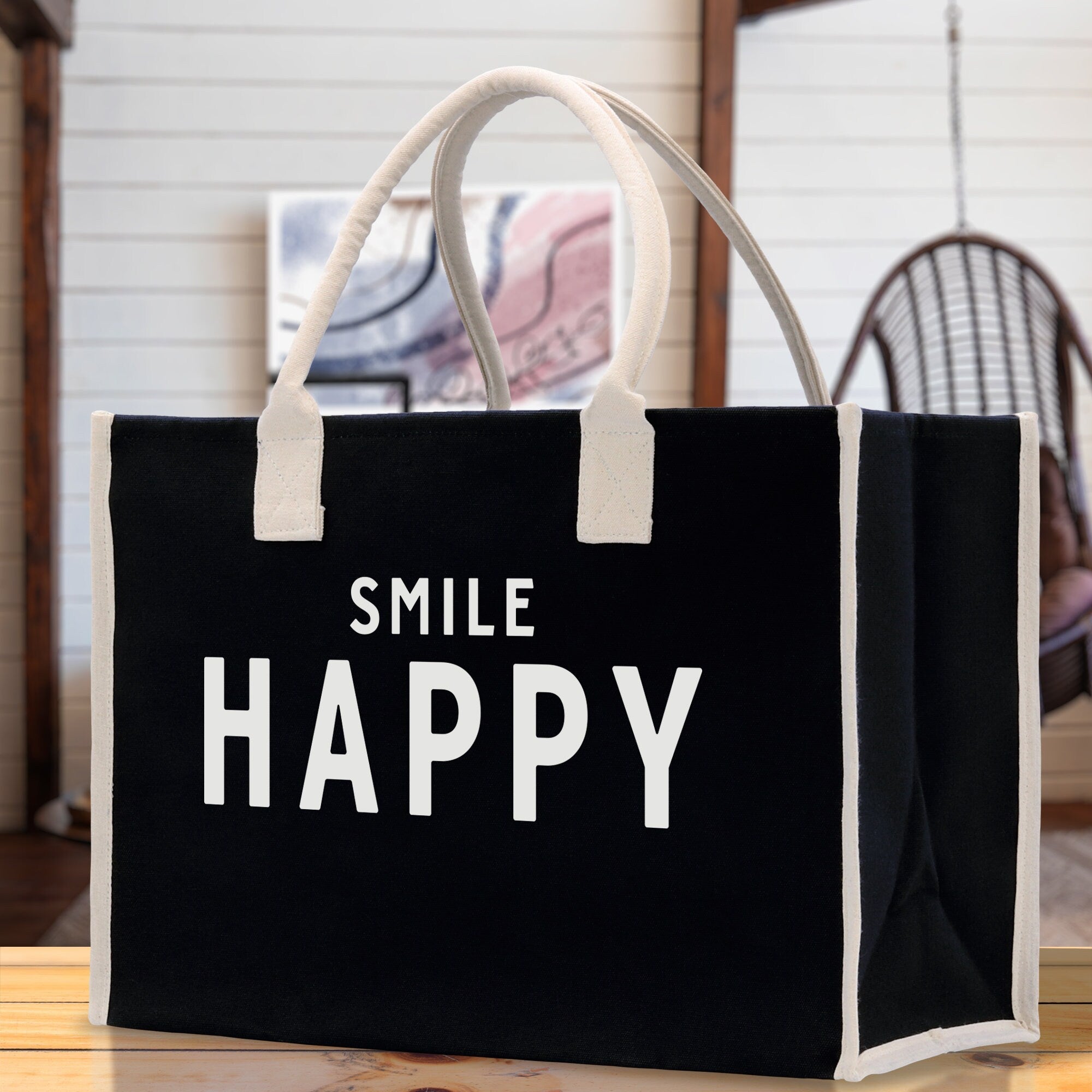 Smile Happy Cotton Canvas Chic Beach Tote Bag Multipurpose Tote Weekender Tote Gift for Her Outdoor Tote Vacation Tote Large Beach Bag - Aaria Tees Aaria Tees