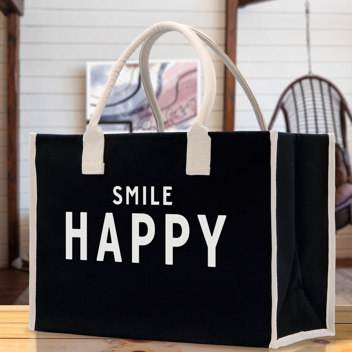 Smile Happy Cotton Canvas Chic Beach Tote Bag Multipurpose Tote Weekender Tote Gift for Her Outdoor Tote Vacation Tote Large Beach Bag - Aaria Tees