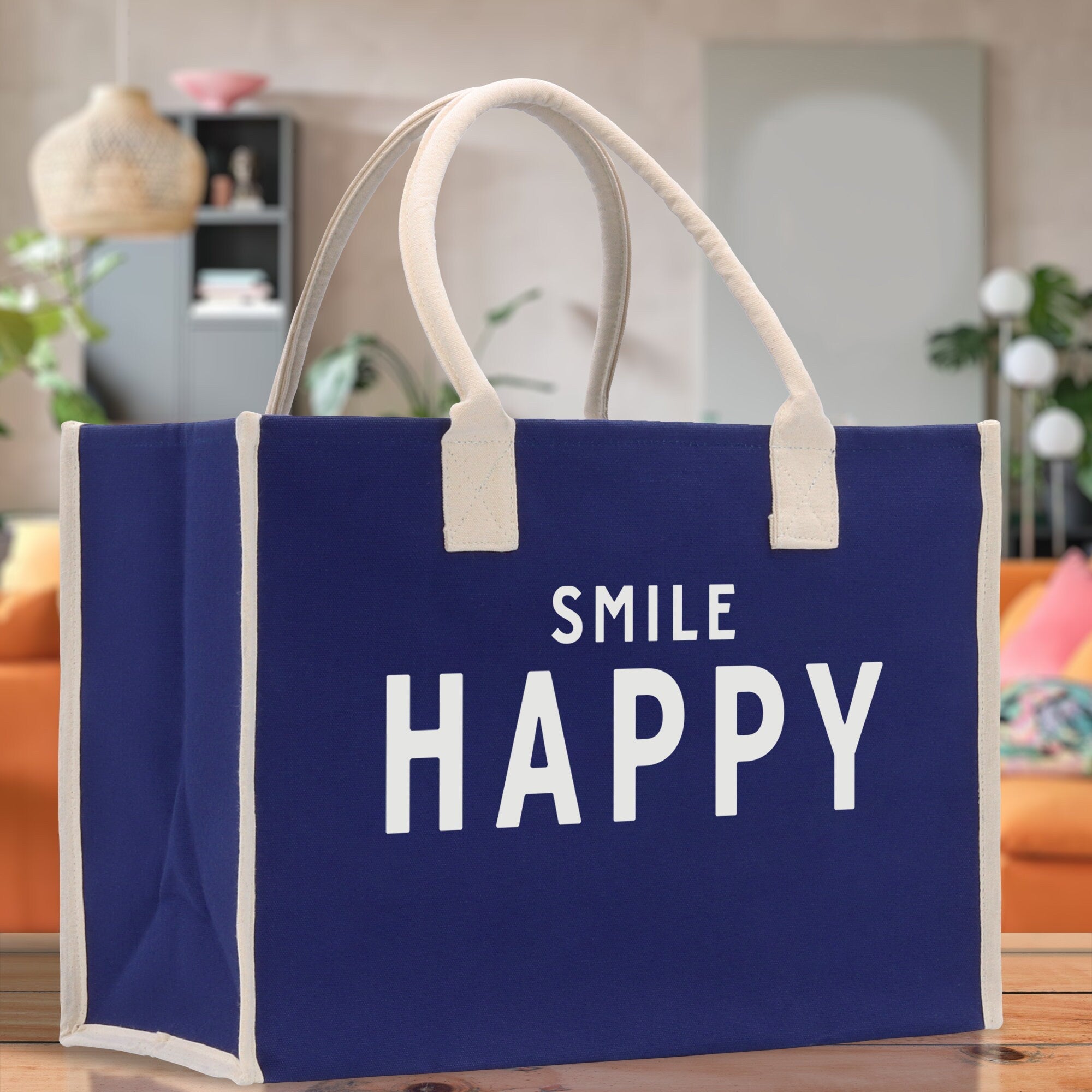 Smile Happy Cotton Canvas Chic Beach Tote Bag Multipurpose Tote Weekender Tote Gift for Her Outdoor Tote Vacation Tote Large Beach Bag - Aaria Tees Aaria Tees