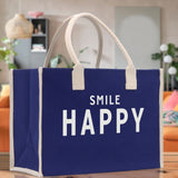 Smile Happy Cotton Canvas Chic Beach Tote Bag Multipurpose Tote Weekender Tote Gift for Her Outdoor Tote Vacation Tote Large Beach Bag - Aaria Tees Aaria Tees