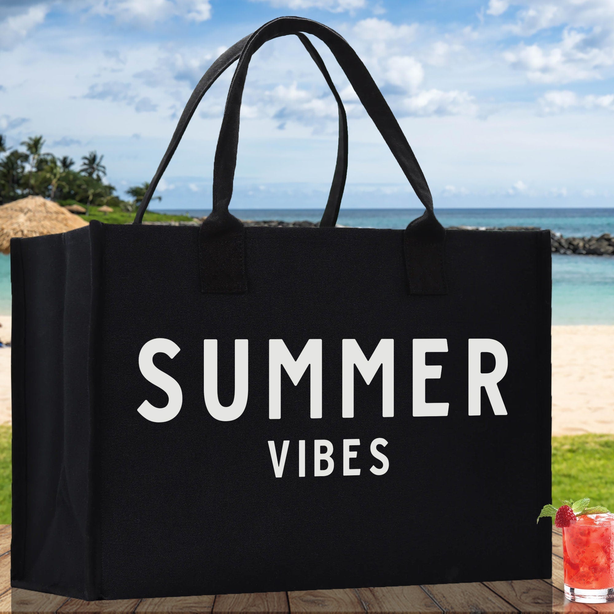Summer Vibes Cotton Canvas Chic Beach Tote Bag Multipurpose Tote Weekender Tote Gift for Her Outdoor Tote Vacation Tote Large Beach Bag - Aaria Tees Aaria Tees