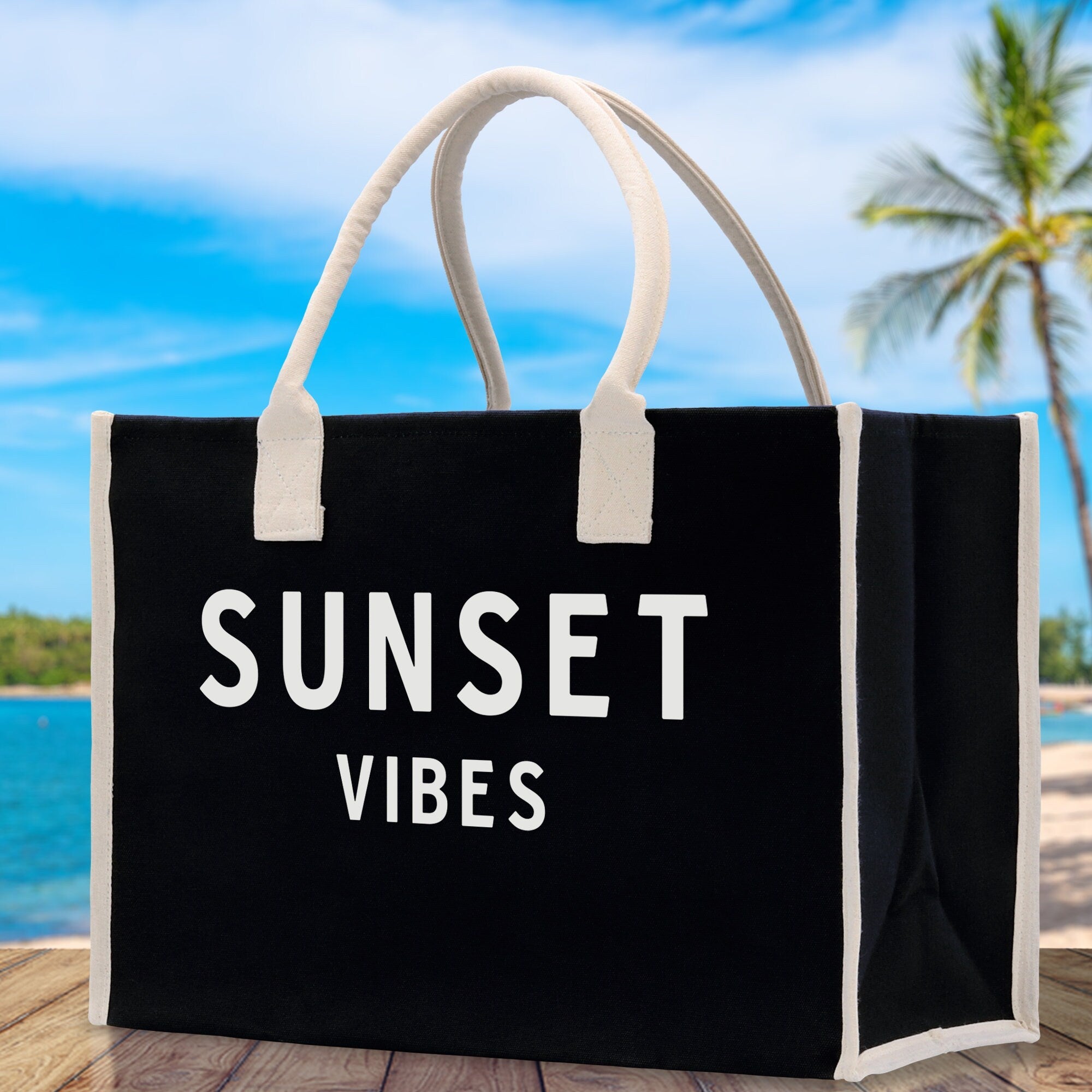 Sunset Vibes Cotton Canvas Chic Beach Tote Bag Multipurpose Tote Weekender Tote Gift for Her Outdoor Tote Vacation Tote Large Beach Bag - Aaria Tees Aaria Tees