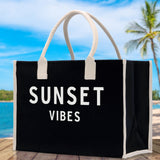 Sunset Vibes Cotton Canvas Chic Beach Tote Bag Multipurpose Tote Weekender Tote Gift for Her Outdoor Tote Vacation Tote Large Beach Bag - Aaria Tees Aaria Tees