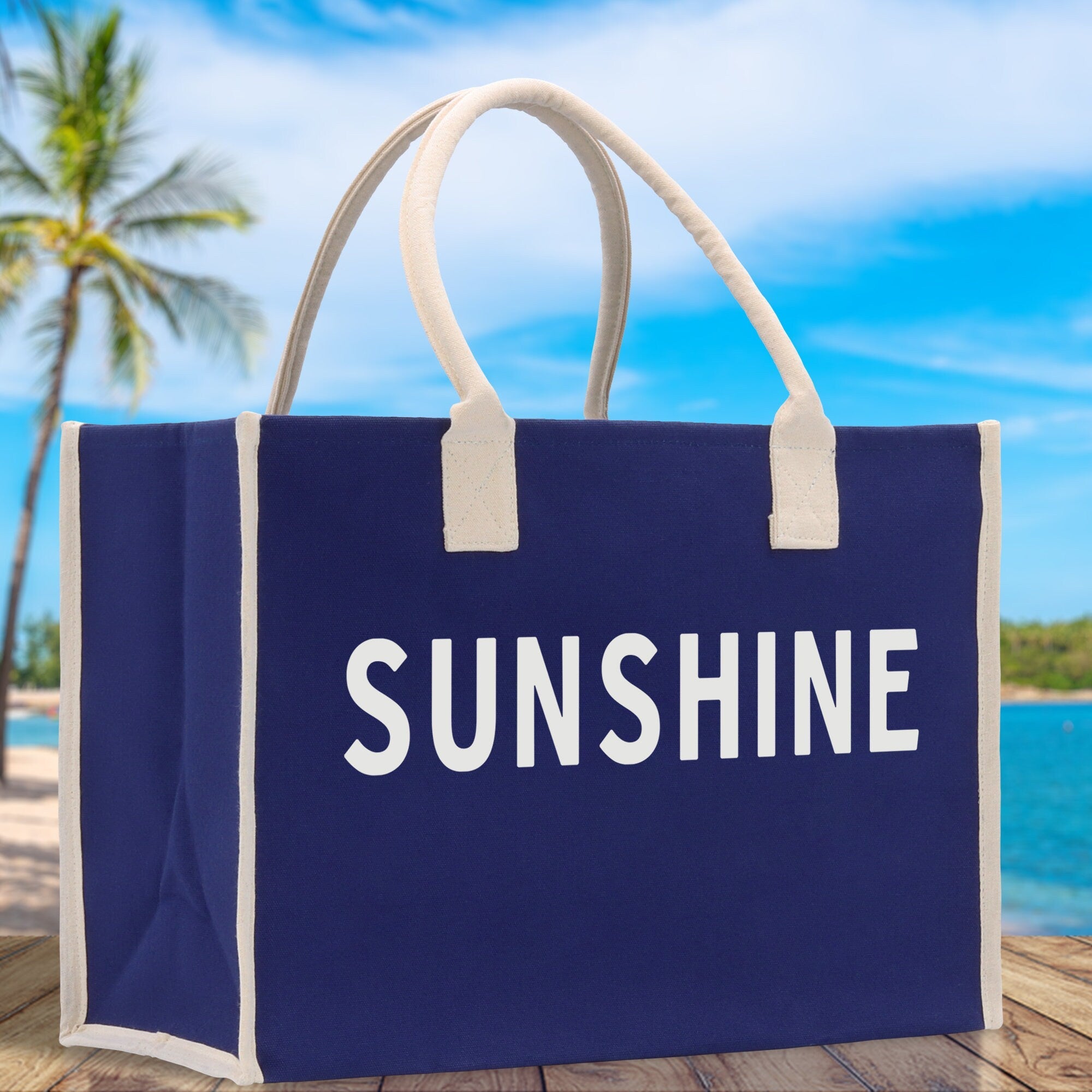 Sunshine Cotton Canvas Chic Beach Tote Bag Multipurpose Tote Weekender Tote Gift for Her Outdoor Tote Vacation Tote Large Beach Bag - Aaria Tees Aaria Tees