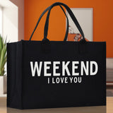 Weekend I Love Cotton Canvas Chic Beach Tote Bag Multipurpose Tote Weekender Tote Gift for Her Outdoor Tote Vacation Tote Large Beach Bag - Aaria Tees Aaria Tees