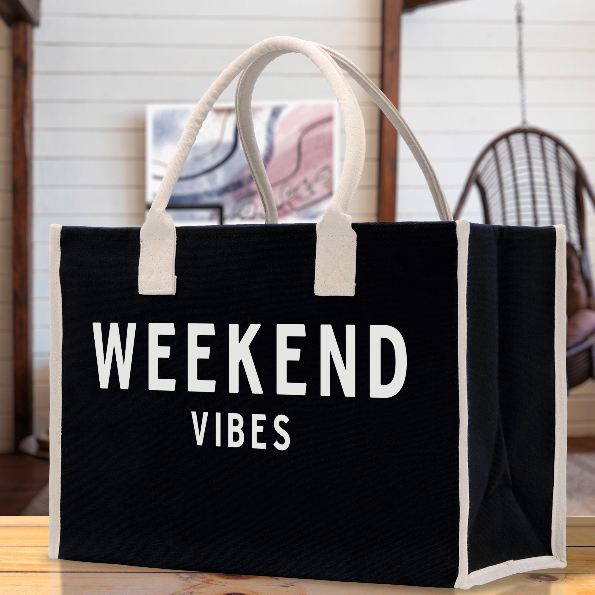 Weekend Vibes Cotton Canvas Chic Beach Tote Bag Multipurpose Tote Weekender Tote Gift for Her Outdoor Tote Vacation Tote Large Beach Bag - Aaria Tees Aaria Tees