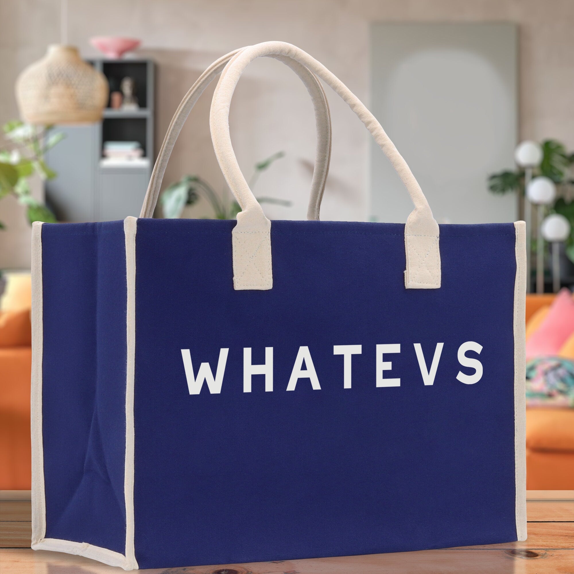 Whatevs Cotton Canvas Chic Beach Tote Bag Multipurpose Tote Weekender Tote Gift for Her Outdoor Tote Vacation Tote Large Beach Bag - Aaria Tees Aaria Tees
