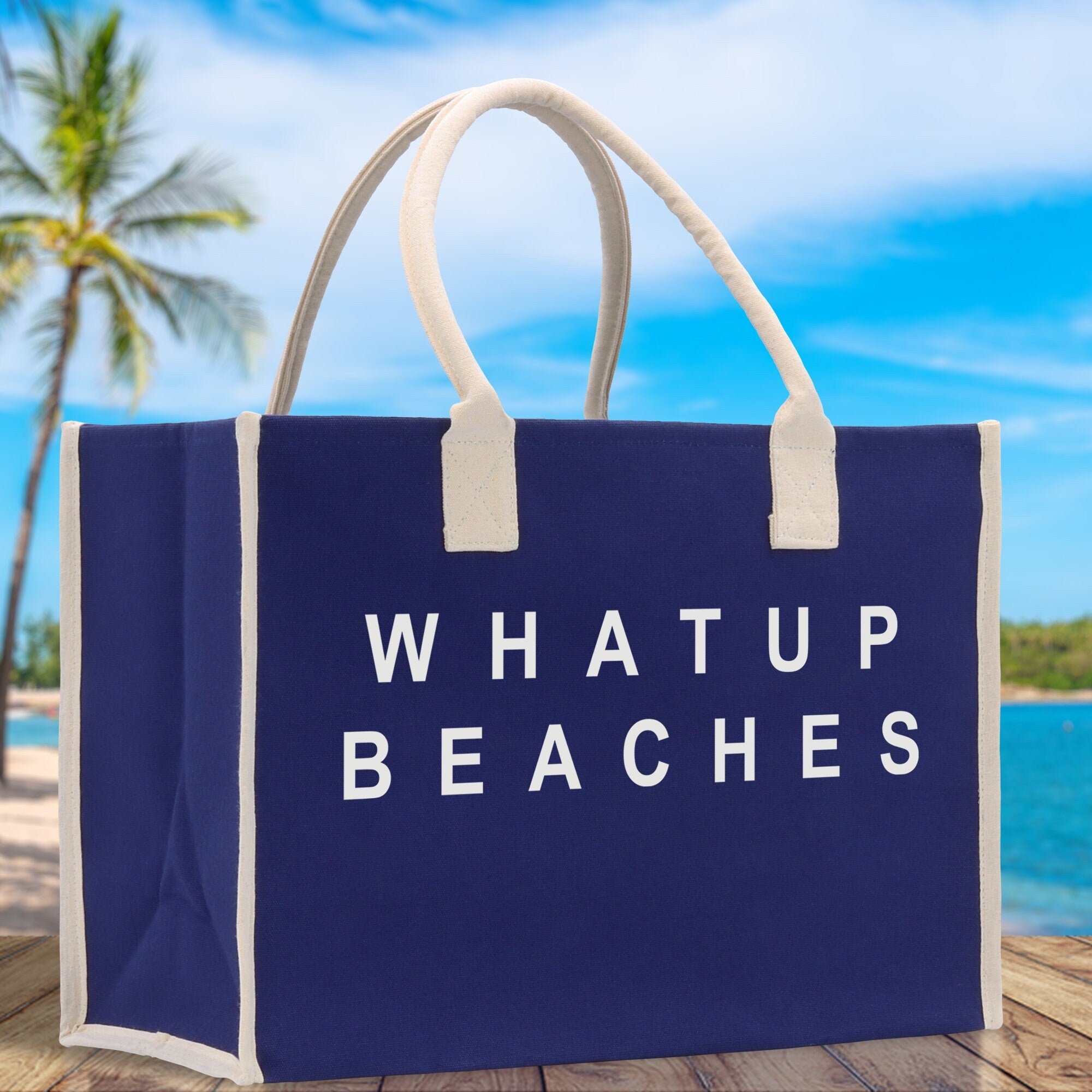 Whatup Beaches Cotton Canvas Chic Beach Tote Bag Multipurpose Tote Weekender Tote Gift for Her Outdoor Tote Vacation Tote Large Beach Bag - Aaria Tees Aaria Tees