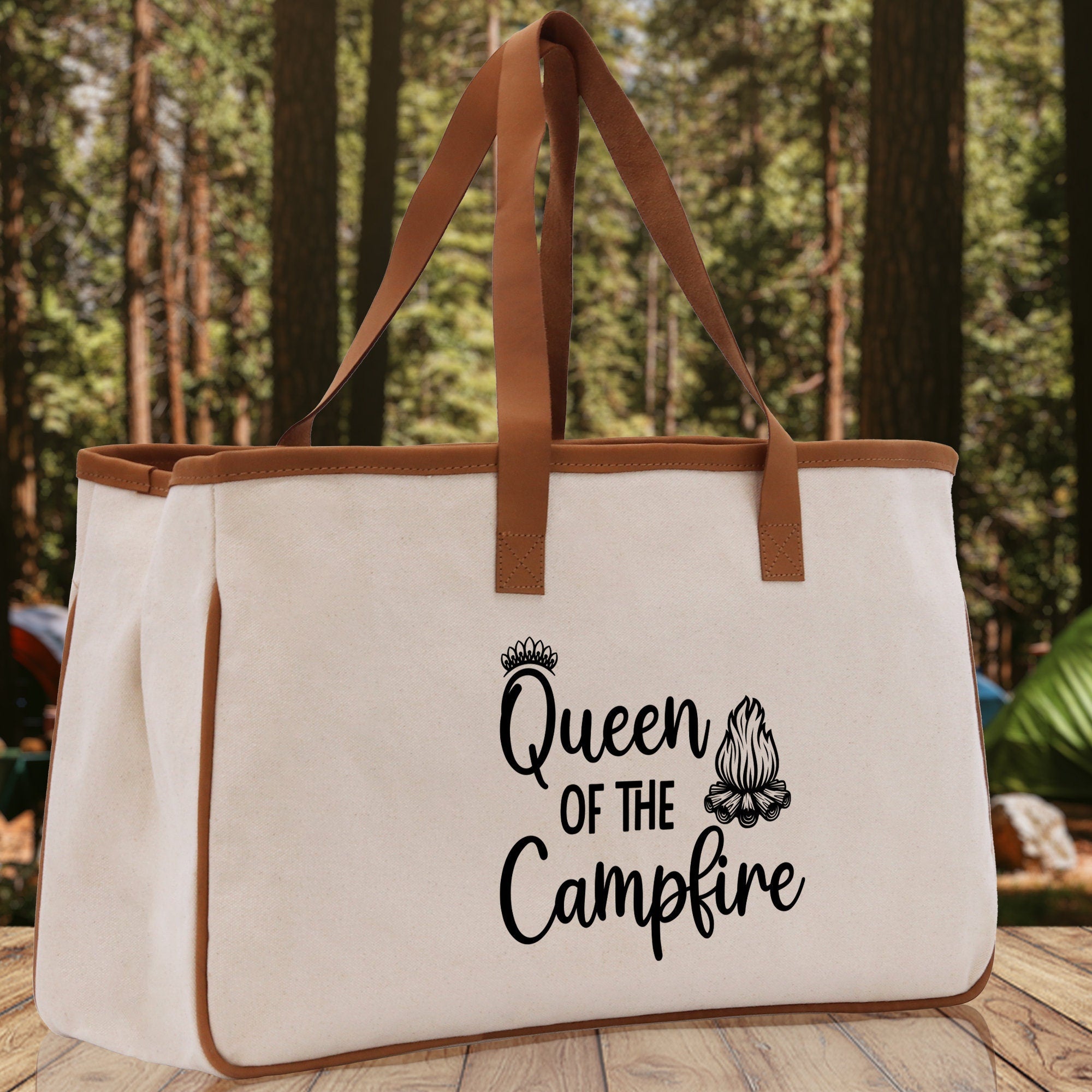 Queen of the Campfire  Cotton Canvas Chic Tote Bag Camping Tote Camping Lover Gift Tote Bag Outdoor Tote Weekender Tote Camper Tote - Aaria Tees Aaria Tees