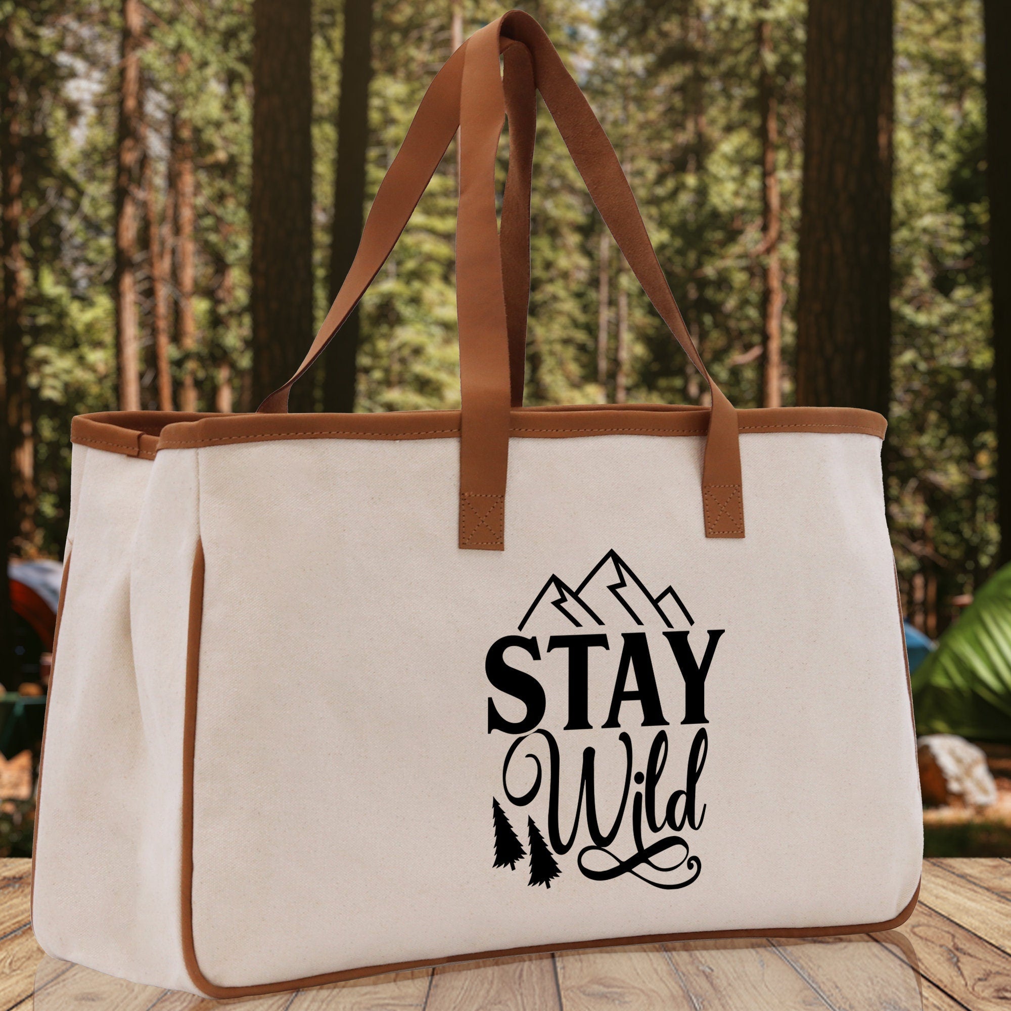 Stay Wild Cotton Canvas Chic Tote Bag Camping Tote Camping Lover Gift Tote Bag Outdoor Tote Weekender Tote Camper Tote Multipurpose Tote - Aaria Tees Aaria Tees