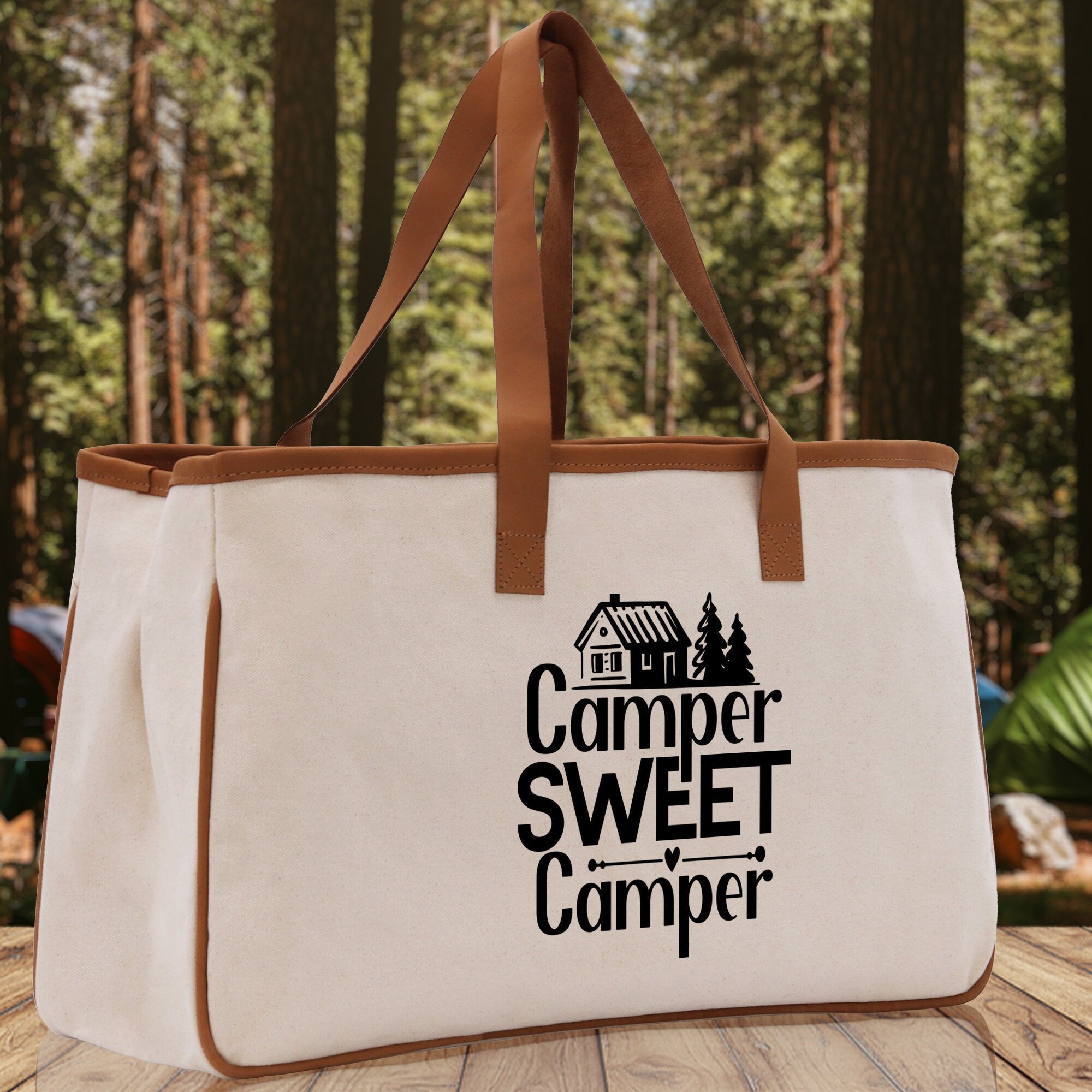 Camper Sweet Camper Cotton Canvas Chic Tote Bag Camping Tote Camping Lover Gift Tote Bag Outdoor Tote Weekender Tote Camper Tote - Aaria Tees Aaria Tees