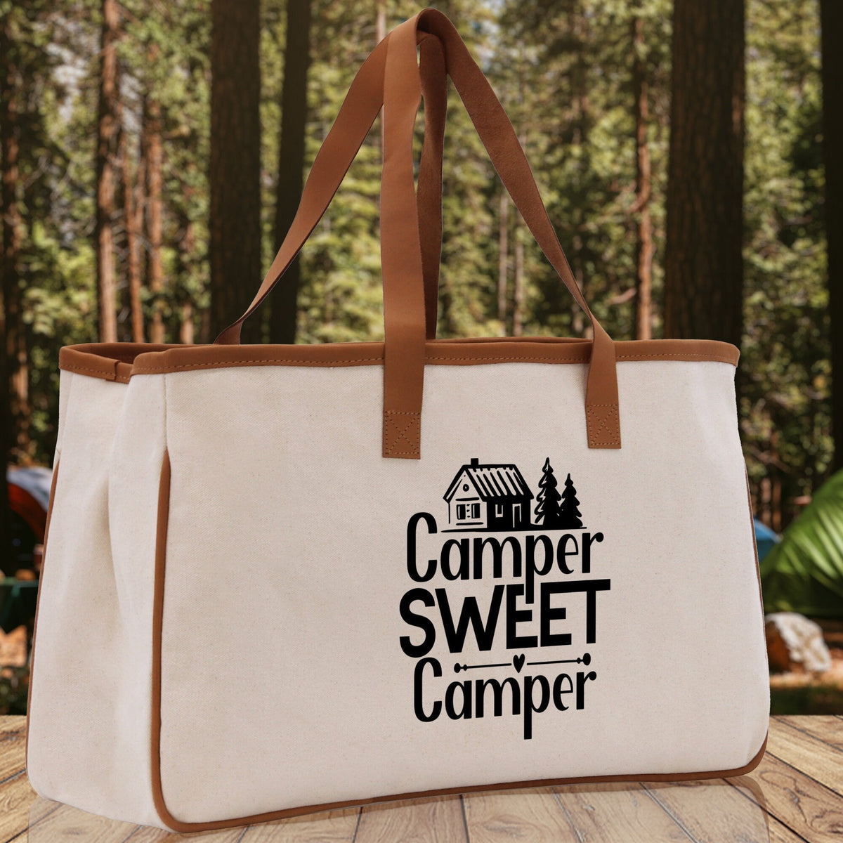 Camper Sweet Camper Cotton Canvas Chic Tote Bag Camping Tote Camping Lover Gift Tote Bag Outdoor Tote Weekender Tote Camper Tote - Aaria Tees