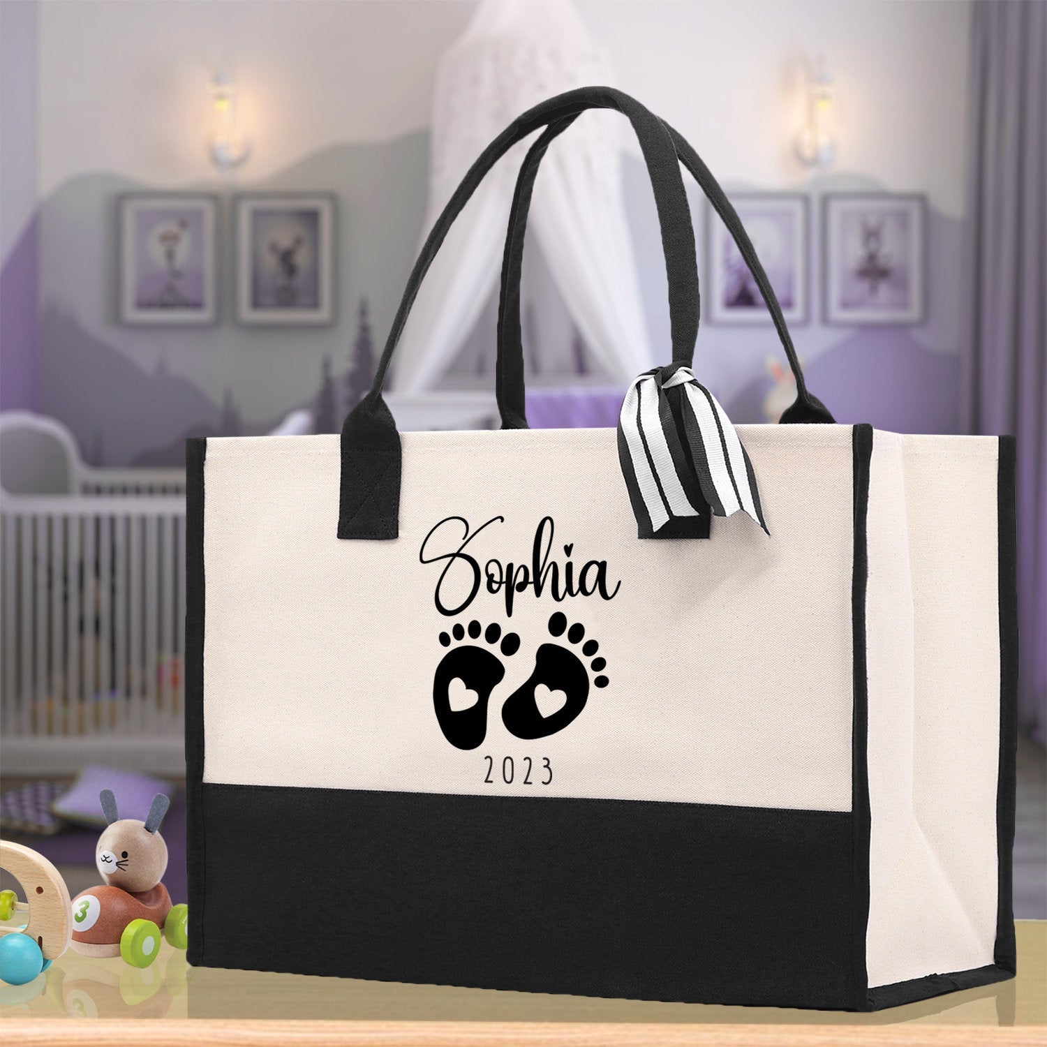 Baby Feet Personalized Name and Date Tote Bag for New Mom Pregnant Mom Shower Gift Baby Footprints Labor & Delivery Chick Tote Carrying Bag - Aaria Tees Aaria Tees