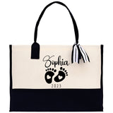 Baby Feet Personalized Name and Date Tote Bag for New Mom Pregnant Mom Shower Gift Baby Footprints Labor & Delivery Chick Tote Carrying Bag - Aaria Tees Aaria Tees