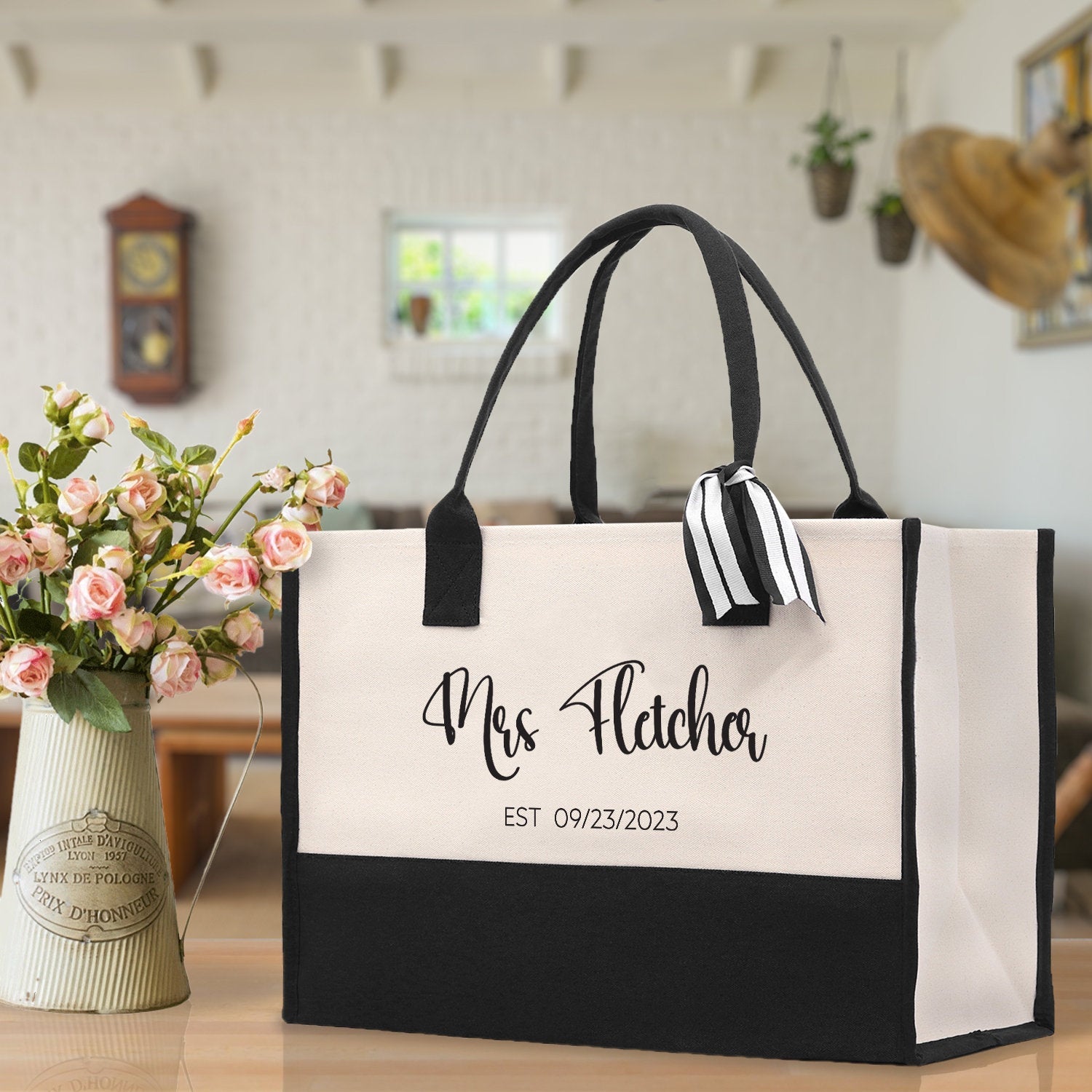 Mrs. Last Name Est Year Tote Bag Personalized Date Wedding Tote Bridal Shower Gift Honeymoon Gift Customized Wedding Gift Bridesmaid Gift - Aaria Tees Aaria Tees