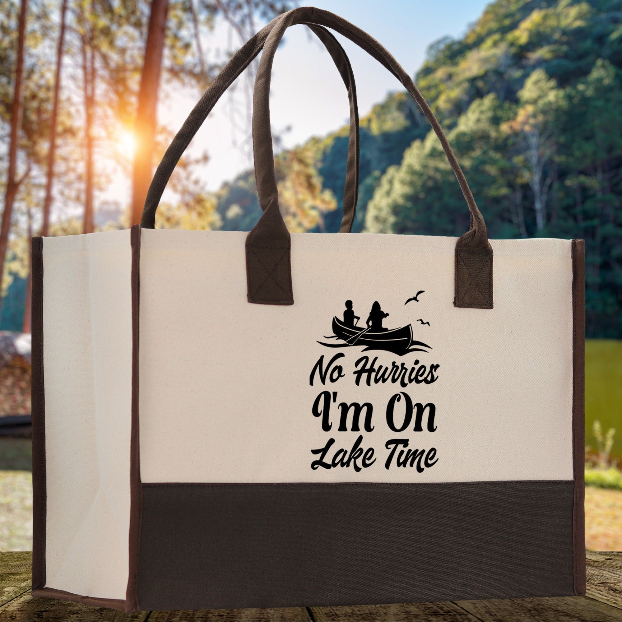 No Hurries I'm on Lake Time Cotton Canvas Chic Tote Bag Lake Tote Lake Lover Gift Tote Bag Outdoor Tote Weekender Tote Laker Tote - Aaria Tees Aaria Tees