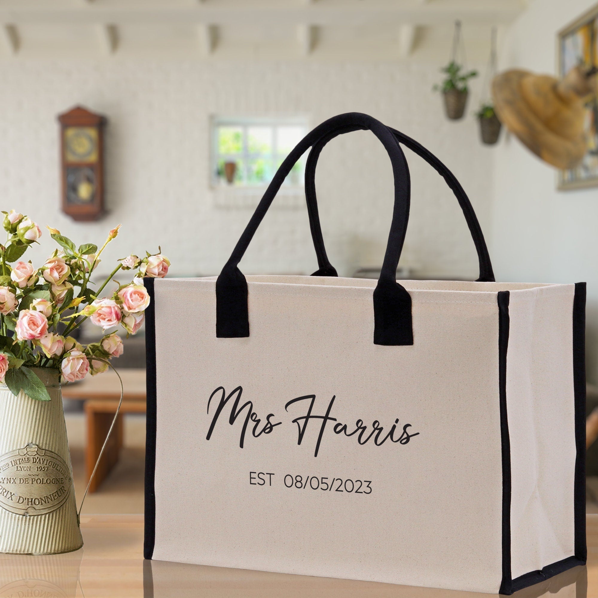 Mrs. Last Name Est Year Tote Bag Personalized Date Wedding Tote Bridal Shower Gift Honeymoon Gift Customized Wedding Gift Bridesmaid Gif - Aaria Tees Aaria Tees