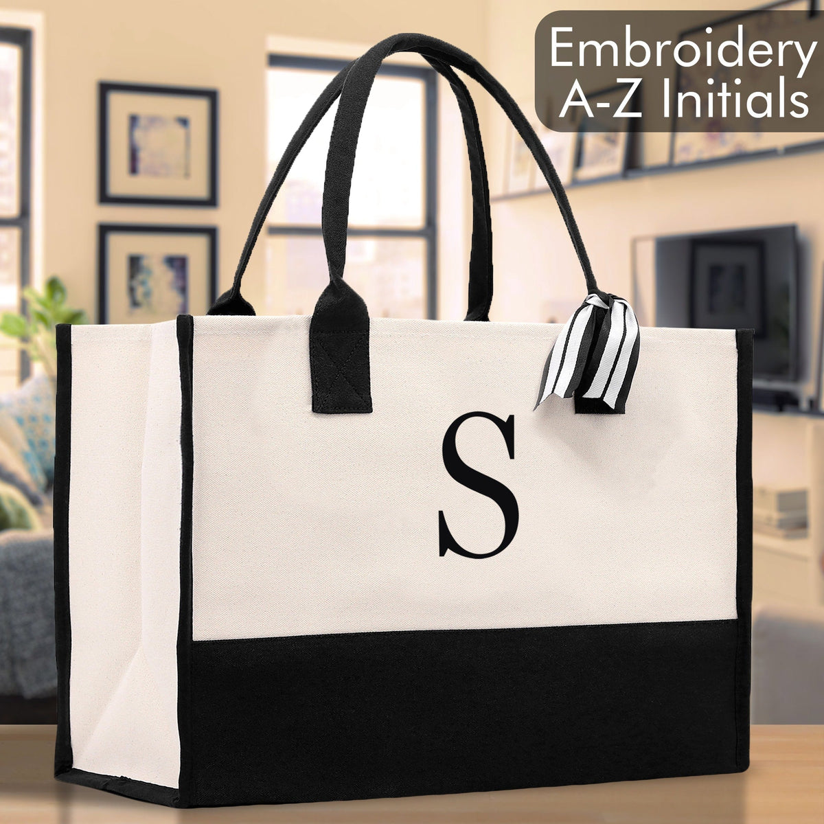 Personalized Cotton Canvas Beach Tote Bag Monogram Tote Bag Initial Canvas Tote Bridesmaid Gift Tote Custom Beach Bag Gift for Her A-Z - Aaria Tees