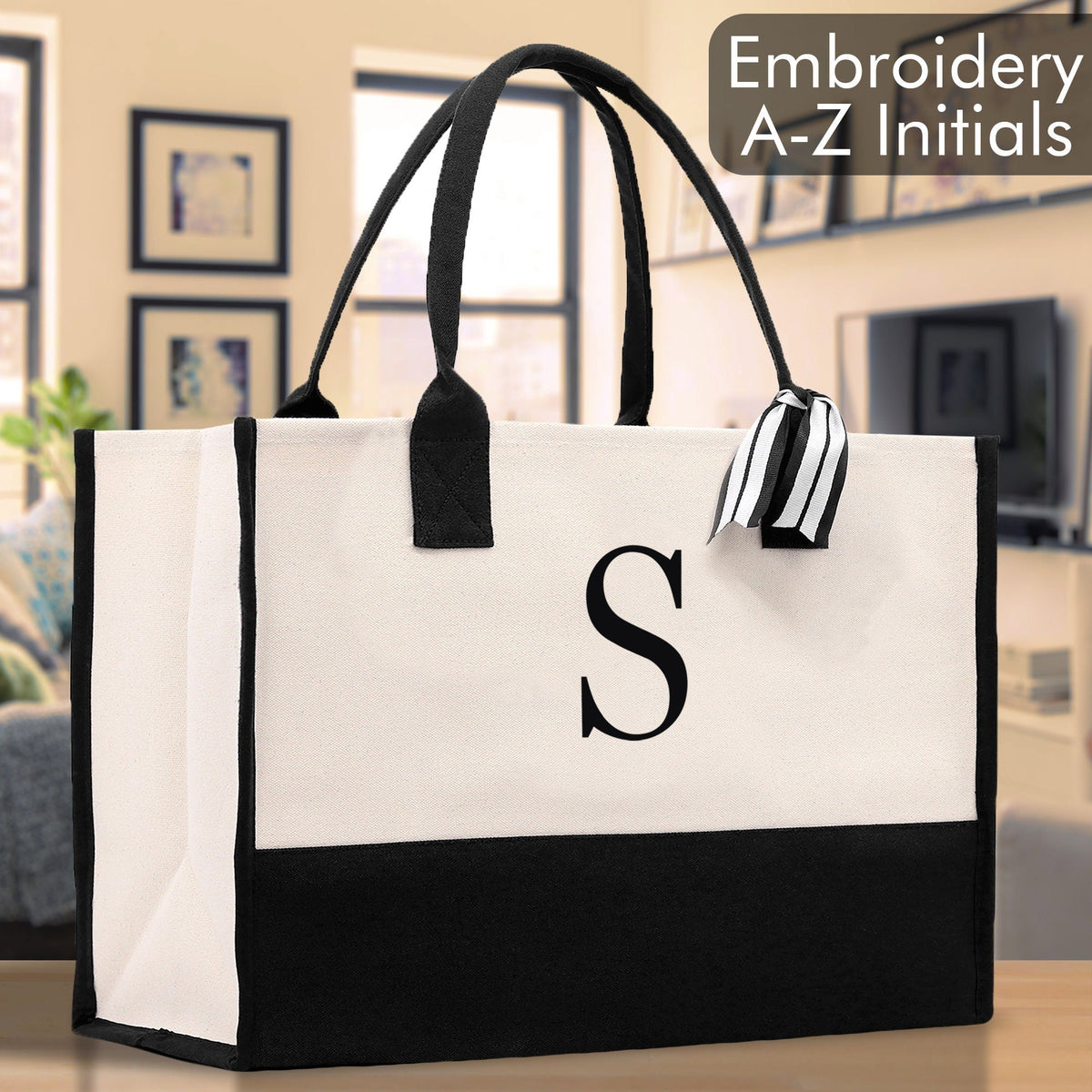 Personalized Cotton Canvas Beach Tote Bag Monogram Tote Bag Initial Canvas Tote Bridesmaid Gift Tote Custom Beach Bag Gift for Her A-Z - Aaria Tees